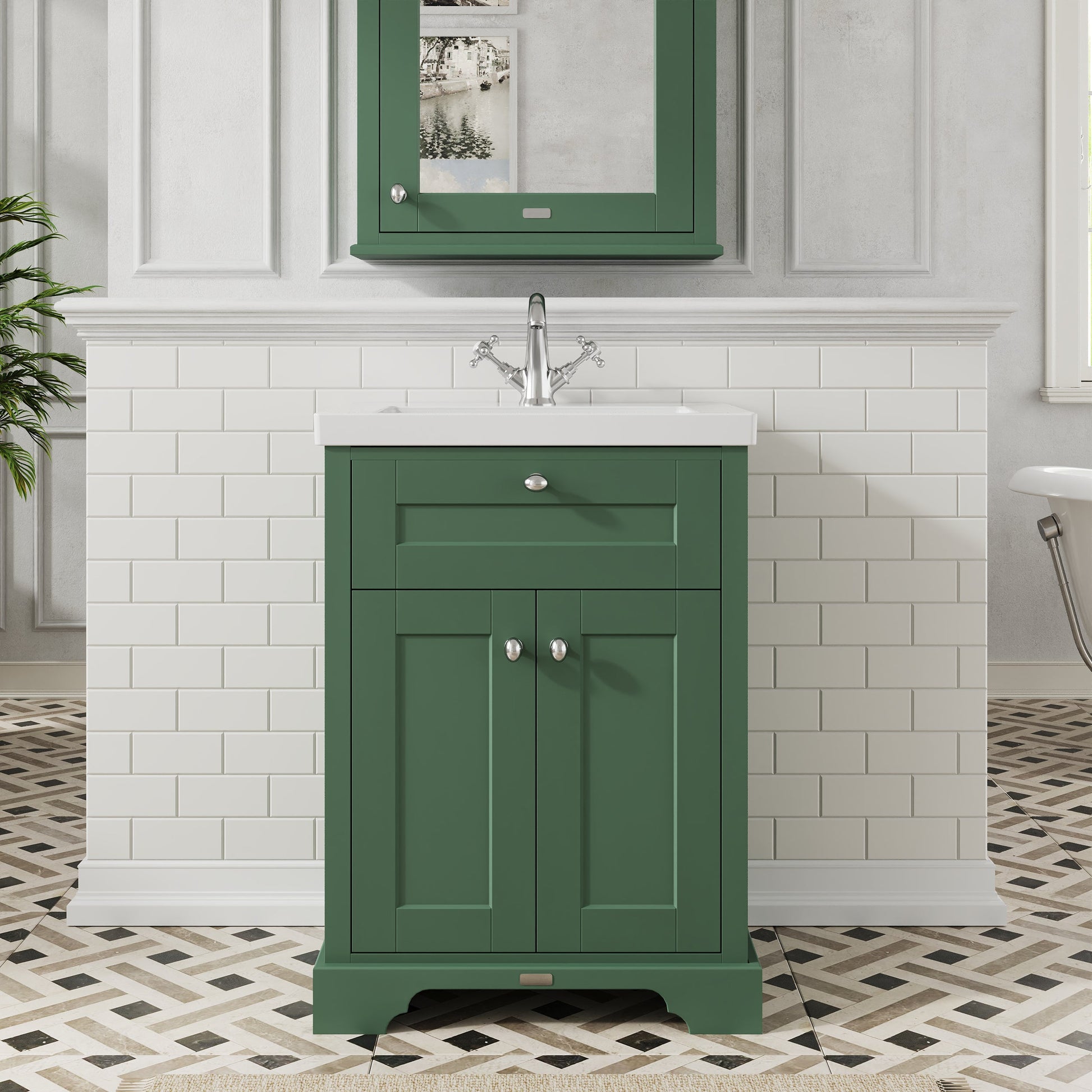 Hudson Reed Old London 600mm Hunter Green 2-Door Floor Standing Vanity Unit With Fireclay Basin