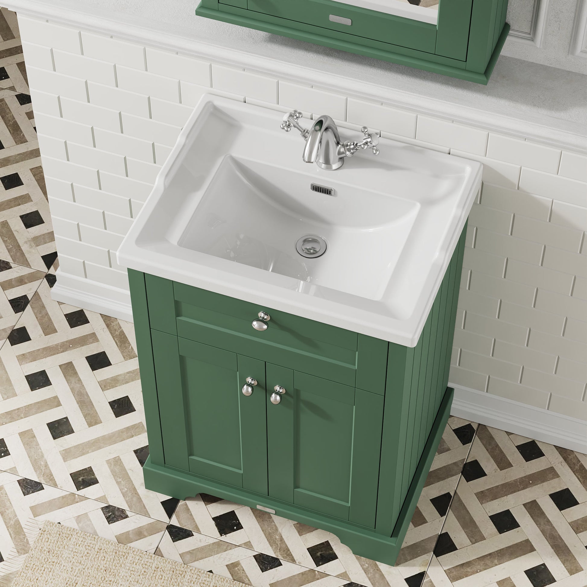 Hudson Reed Old London 600mm Hunter Green Floor Standing 2 Door Vanity Unit with 1 Tap Hole Ceramic Basin