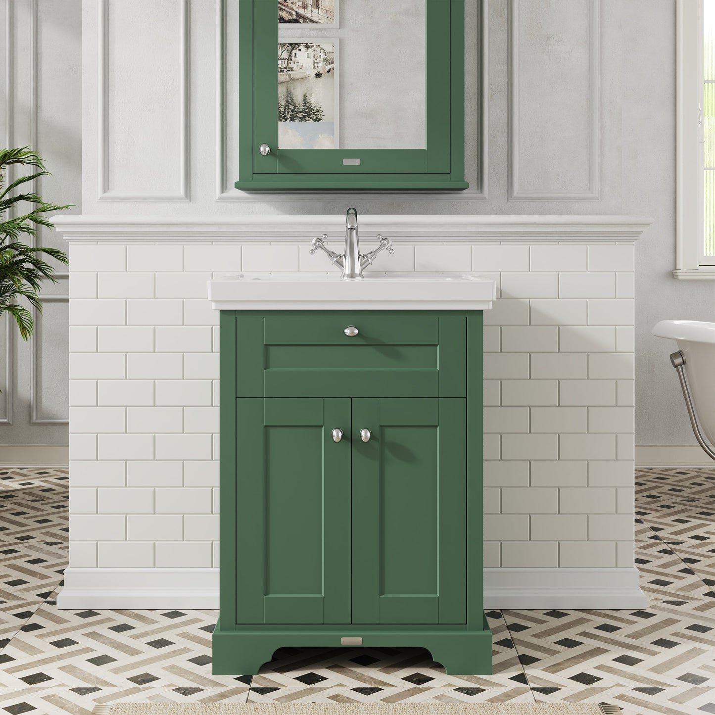 Hudson Reed Old London 630mm Hunter Green Floor Standing 2 Door Vanity Unit with 1 Tap Hole Fireclay Basin