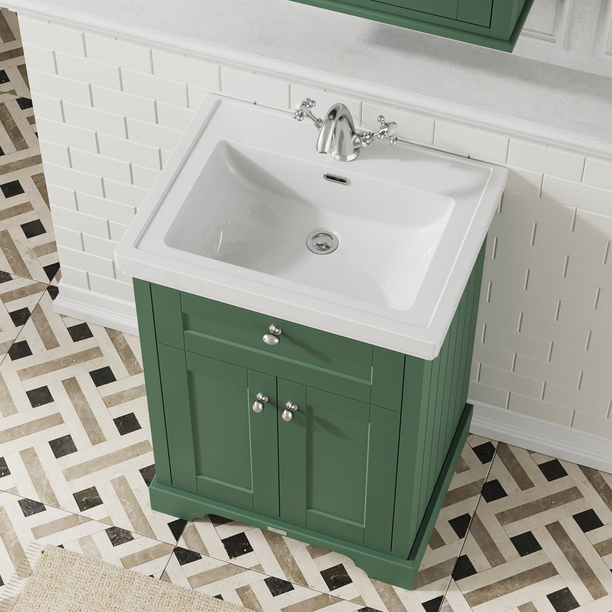Hudson Reed Old London 630mm Hunter Green Floor Standing 2 Door Vanity Unit with 1 Tap Hole Fireclay Basin