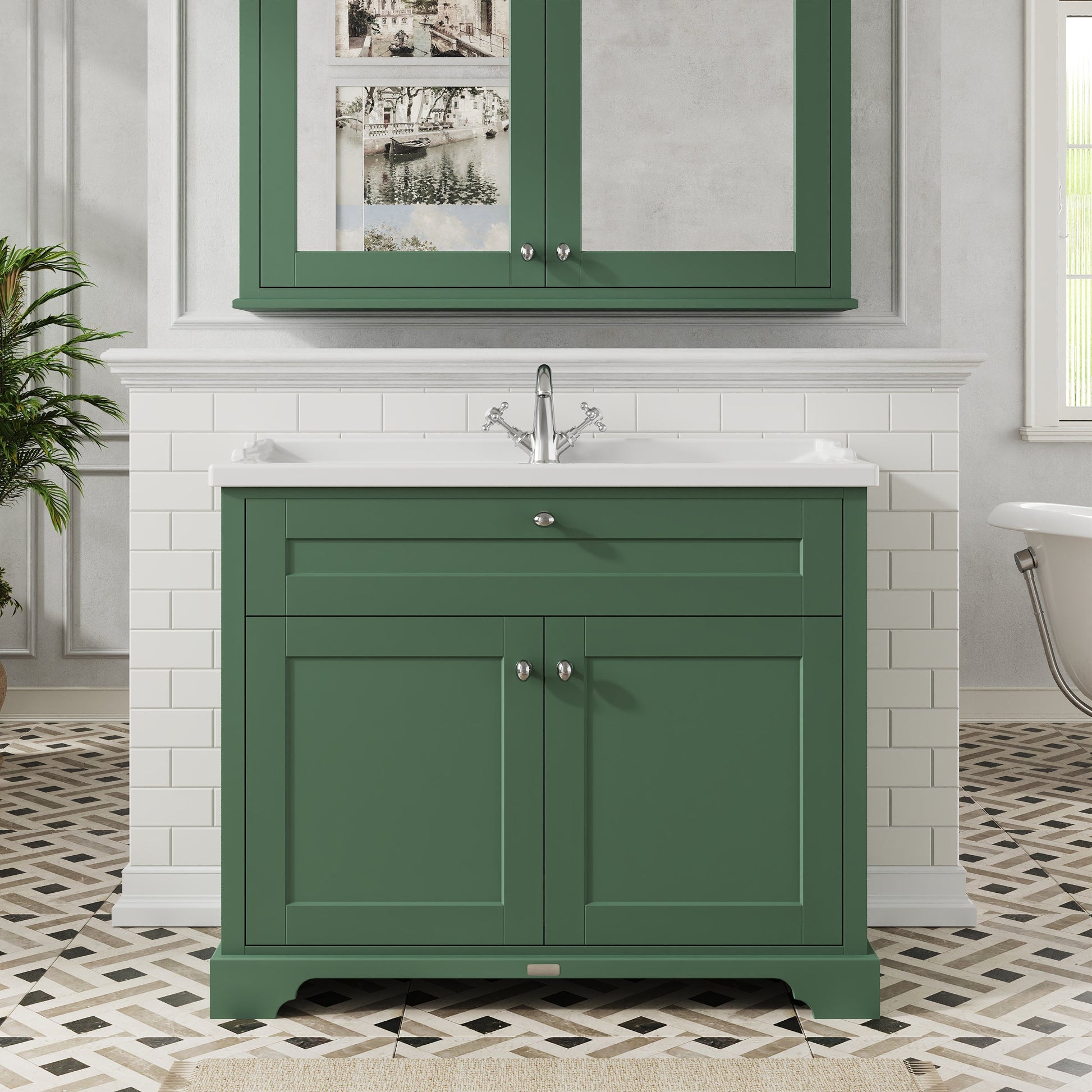 Hudson Reed Old London 1000mm Hunter Green Floor Standing 2 Door Vanity Unit With 1 Tap Hole Ceramic Basin