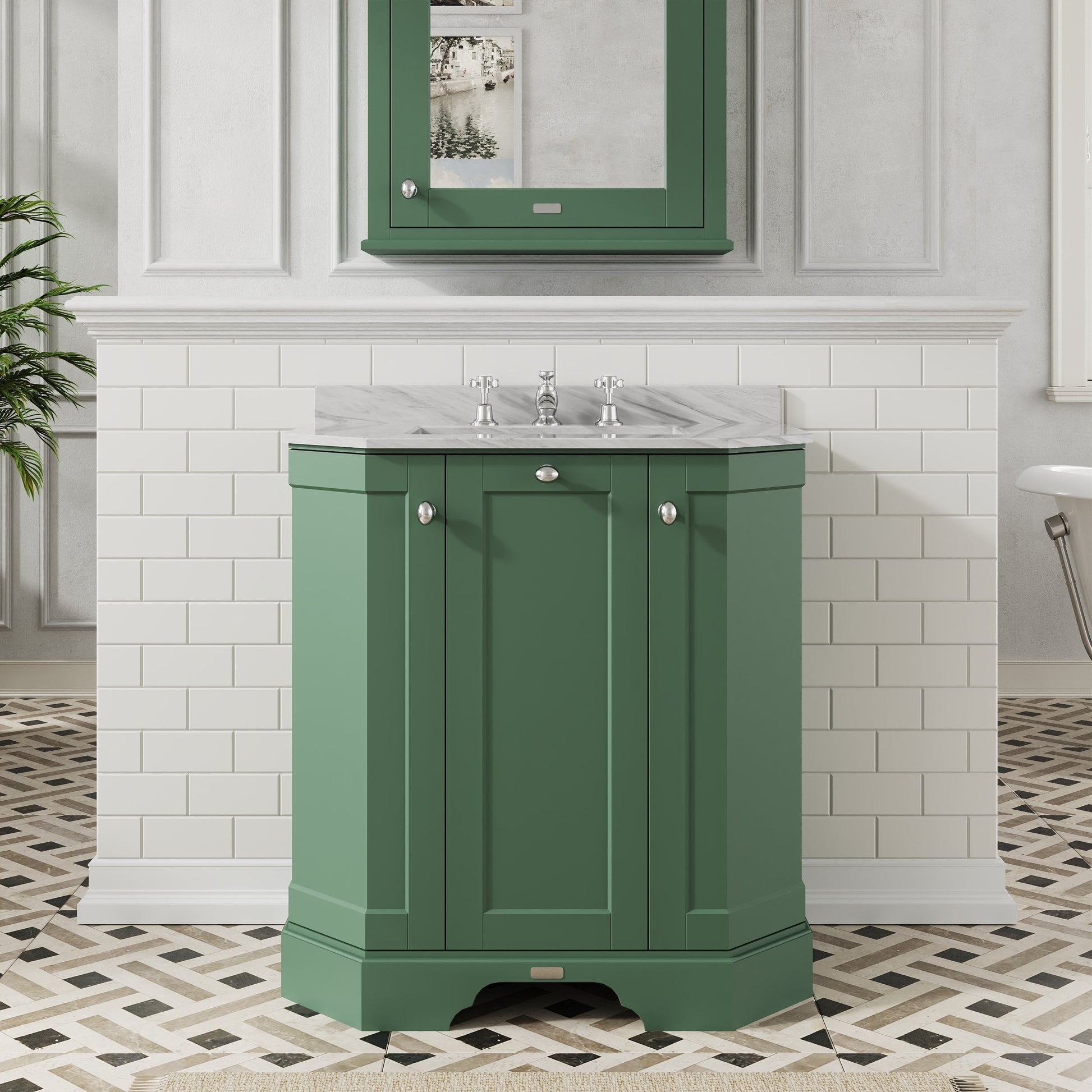Hudson Reed Old London 786mm Hunter Green 3 Door Vanity Unit with 3 Tap Hole Grey Marble Top Basin