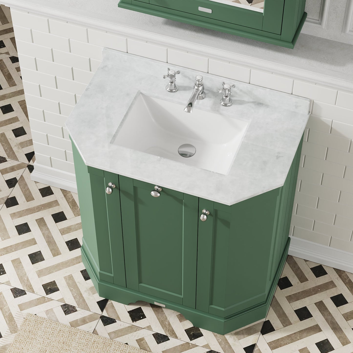 Hudson Reed Old London 750mm Hunter Green Floor 3 Door Vanity Unit with 3 Tap Hole White Marble Top Basin