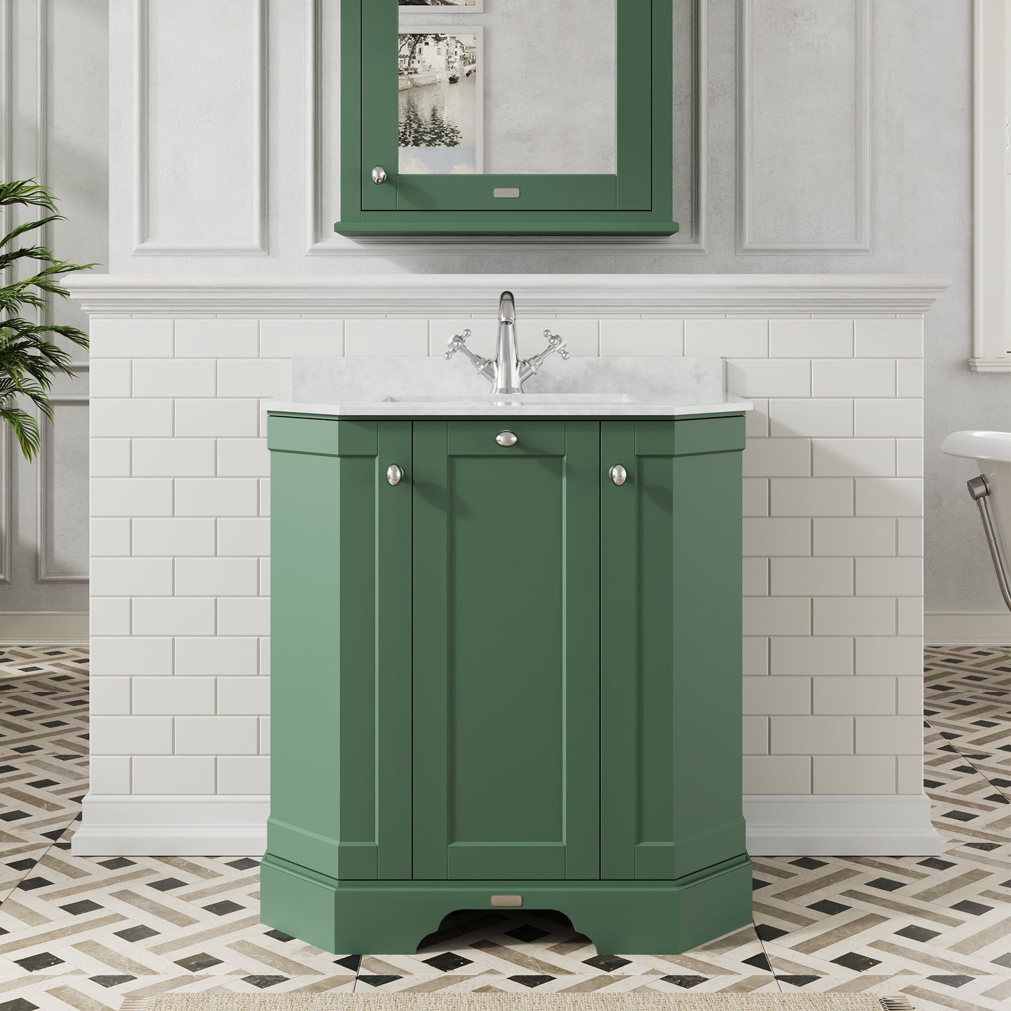 Hudson Reed Old London 786mm Hunter Green Floor Standing 3 Door Vanity Unit With White Marble Top Basin