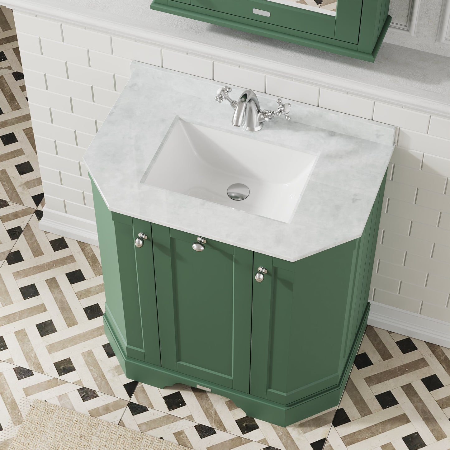 Hudson Reed Old London 786mm Hunter Green Floor Standing 3 Door Vanity Unit With White Marble Top Basin