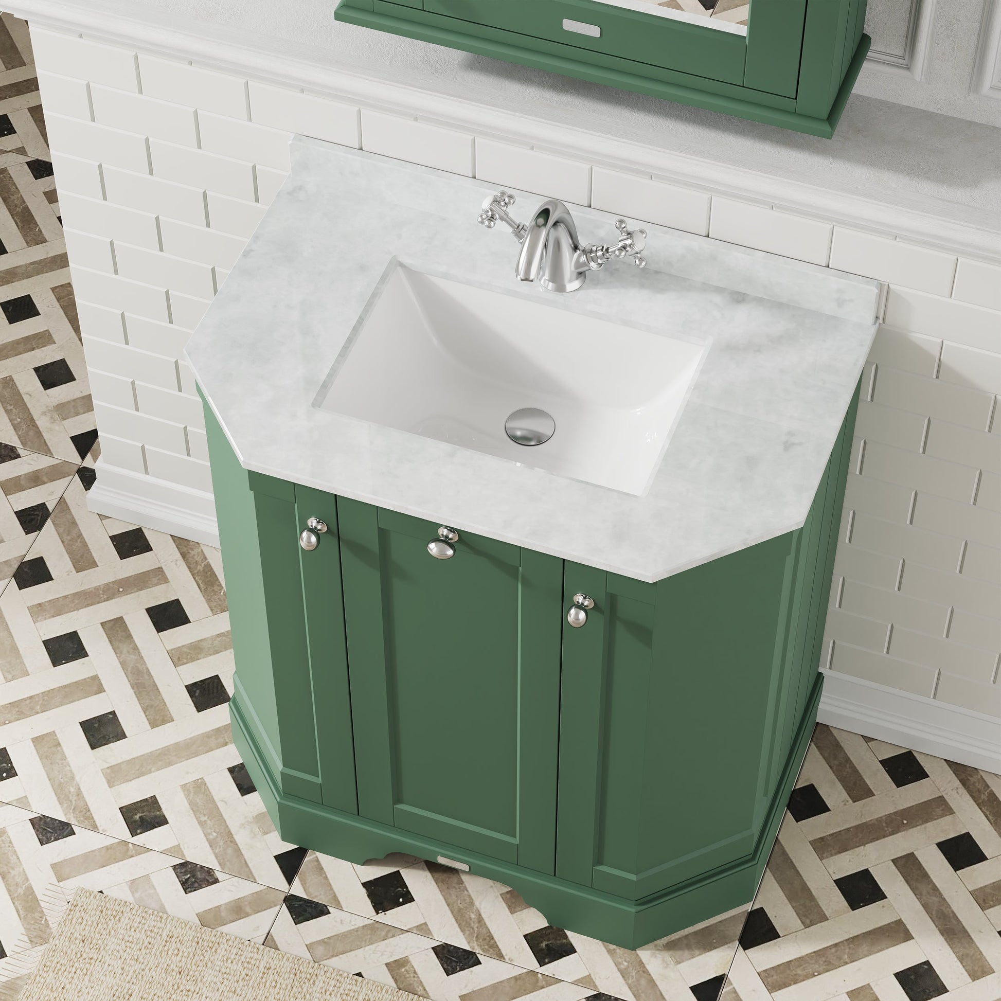 Hudson Reed Old London 786mm Hunter Green Floor Standing 3 Door Vanity Unit With White Marble Top Basin