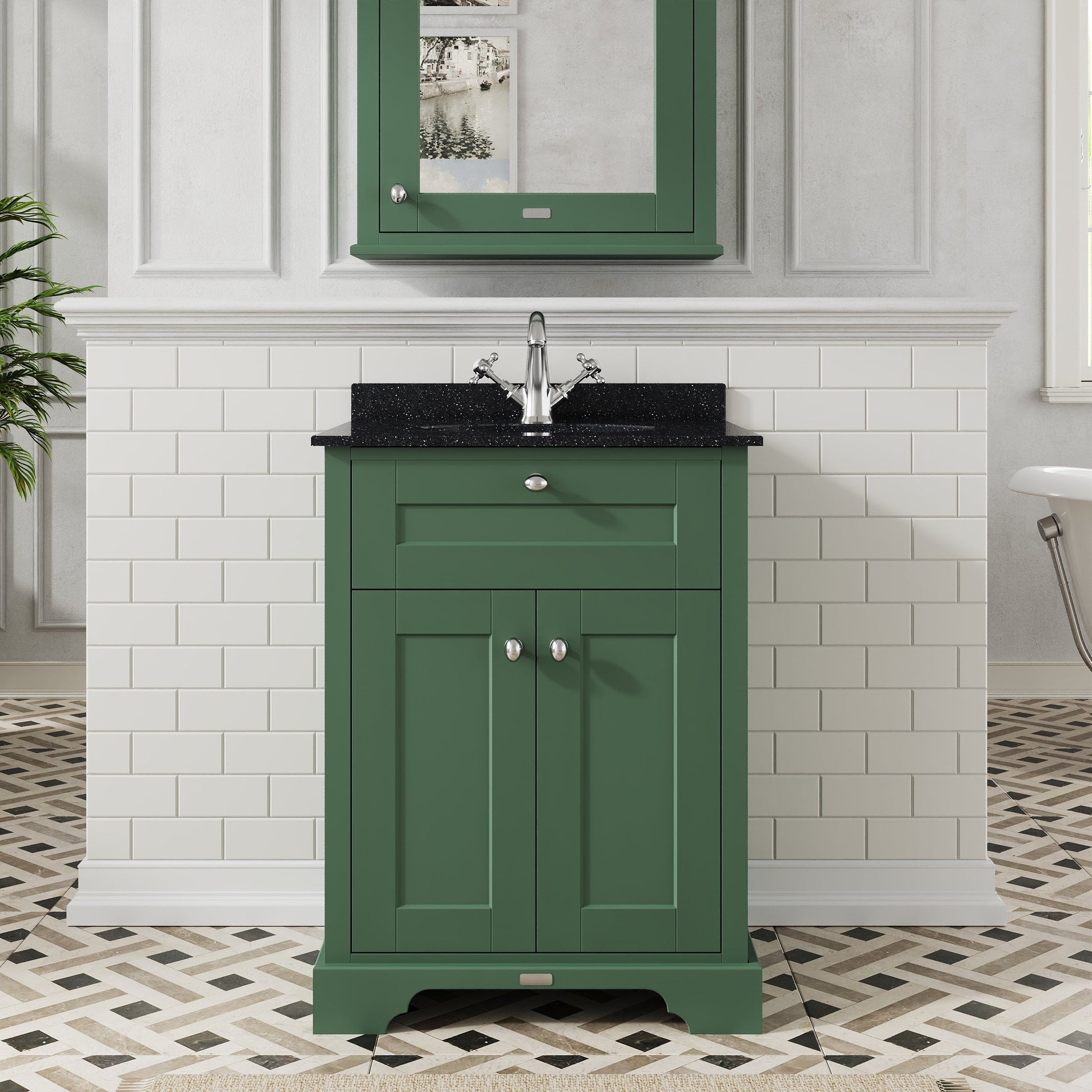 Hudson Reed Old London 600mm Hunter Green Floor Standing Vanity Unit With Black Marble Top Basin & Soft Close Doors