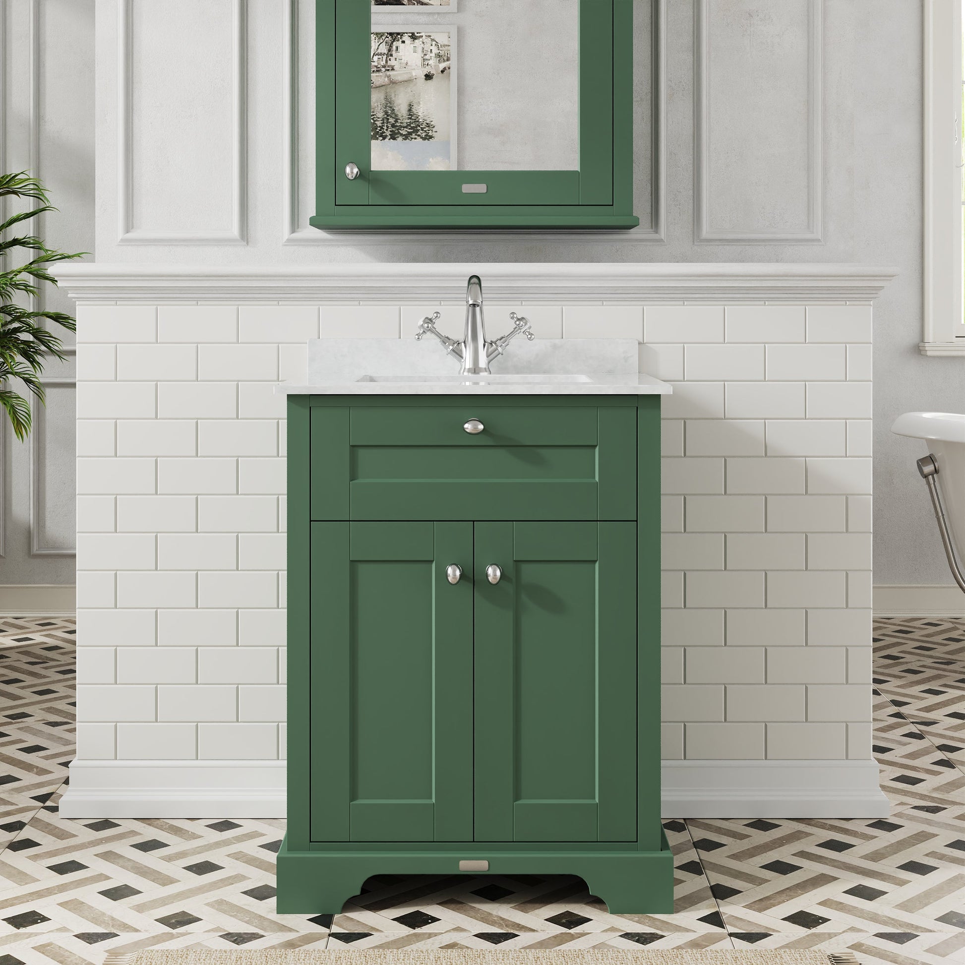 Floor Standing 2 Door Vanity Basin Unit with Square Basin & 1 Tap Hole Marble Top, 600mm