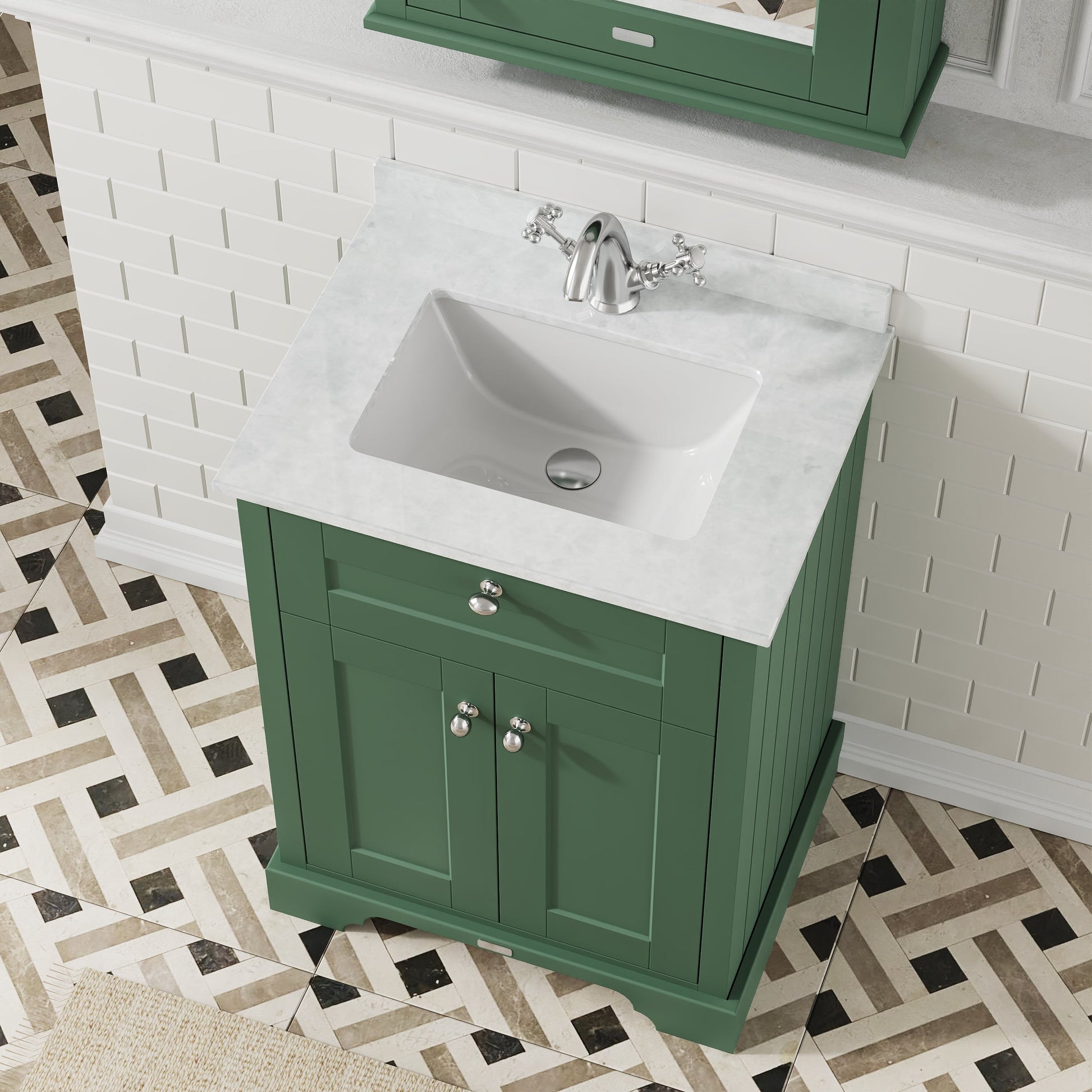 Floor Standing 2 Door Vanity Basin Unit with Square Basin & 1 Tap Hole Marble Top, 600mm