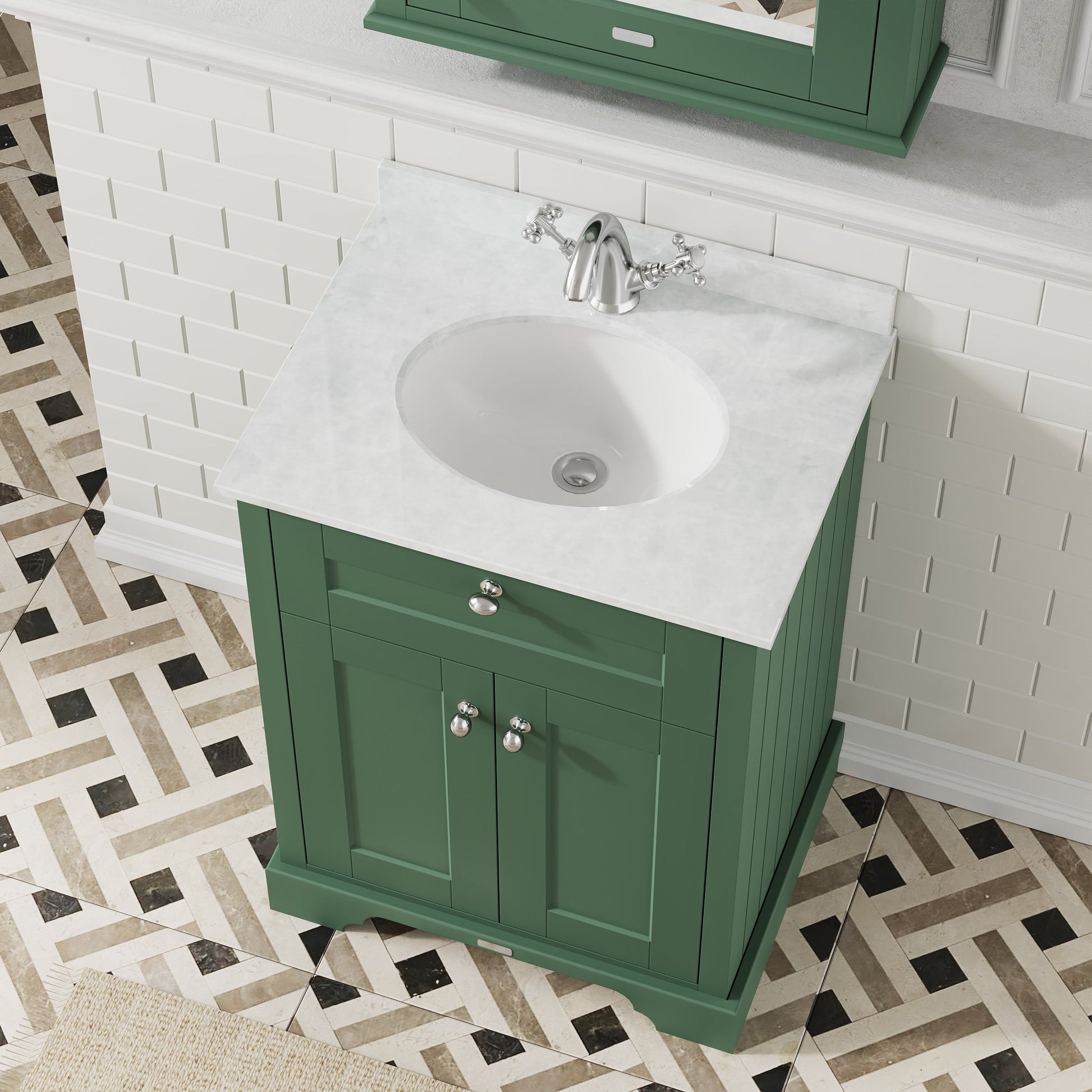 Hudson Reed Old London 600mm Hunter Green Floor Standing Vanity Unit with 1 Tap Hole White Marble Top Basin