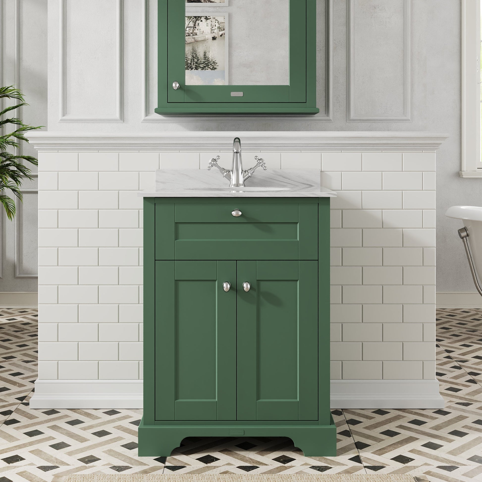 Hudson Reed Old London 620mm Hunter Green Floor Standing Vanity Unit With Grey Marble Top Basin & 1 Tap Hole