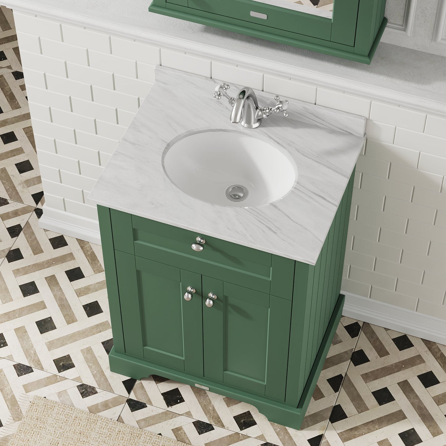 Hudson Reed Old London 620mm Hunter Green Floor Standing Vanity Unit With Grey Marble Top Basin & 1 Tap Hole