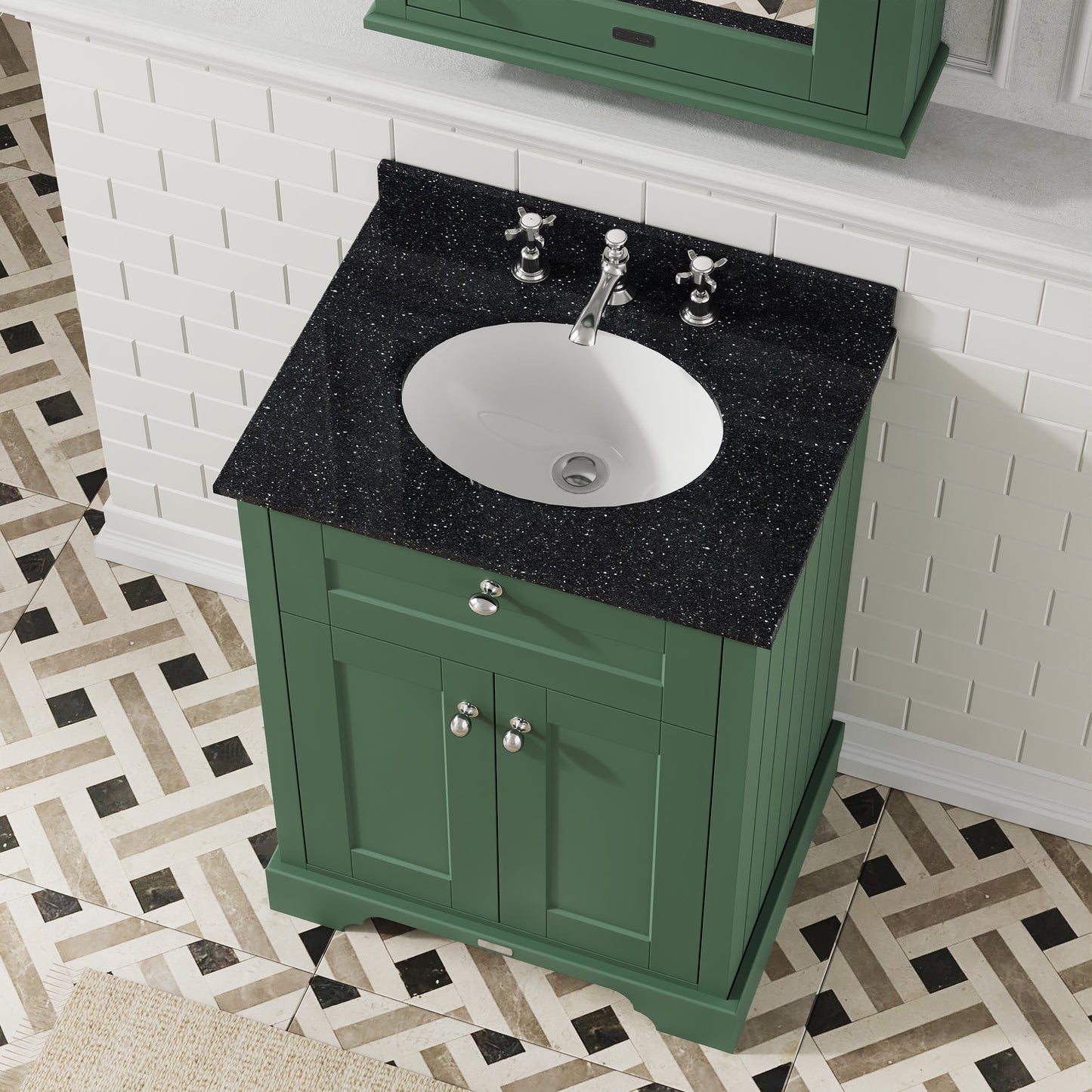 Hudson Reed Old London 600mm Hunter Green Floor Standing 2 Door Vanity Unit with Black Marble Top Basin