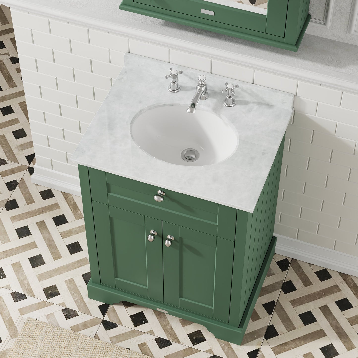 Hudson Reed Old London Hunter Green Floor Standing 2 Door Vanity Unit With 3 Tap Hole White Marble Top Basin