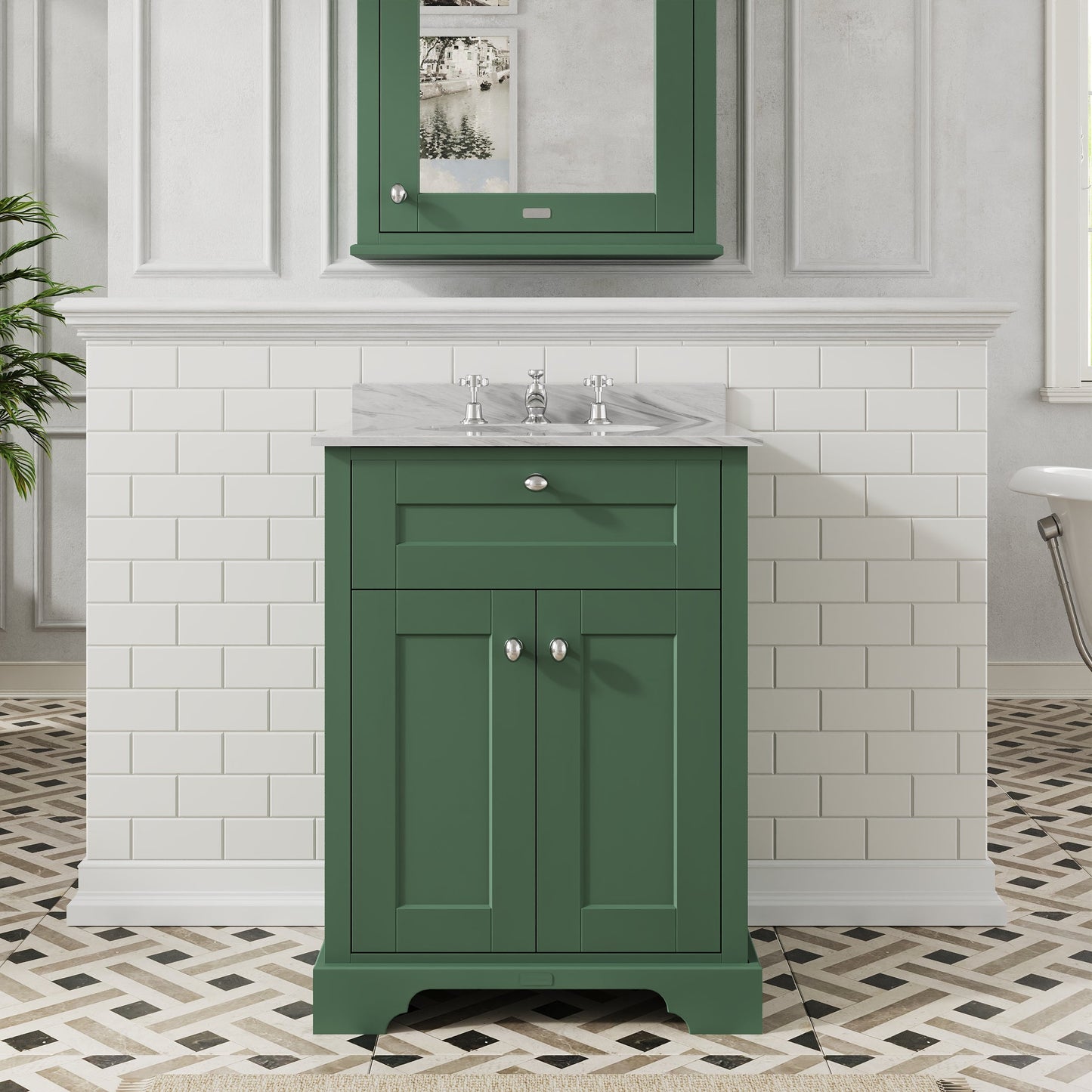 Hudson Reed Old London 620mm Hunter Green Floor Standing 2 Door Vanity Unit With 3 Tap Hole Grey Marble Top Basin