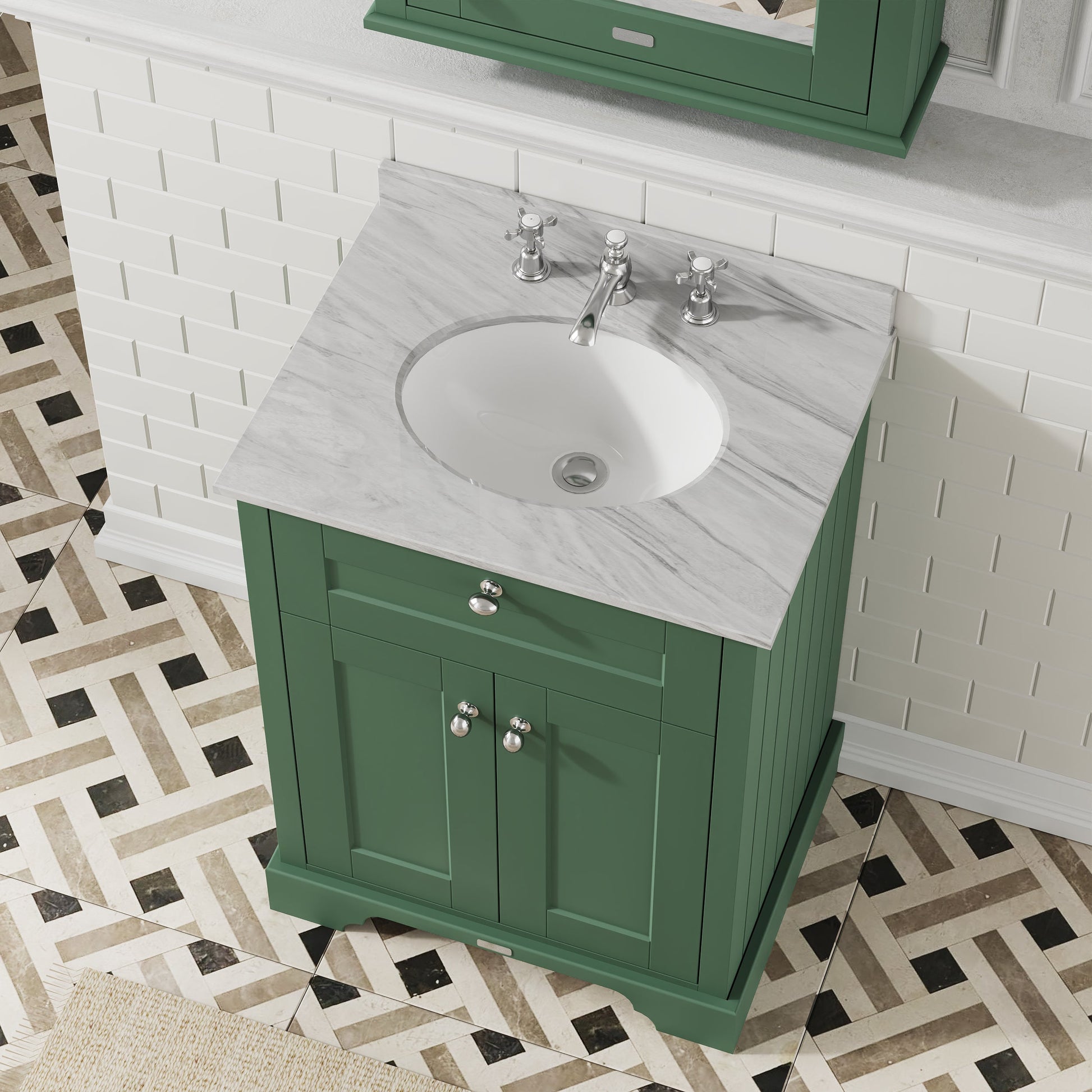 Hudson Reed Old London 620mm Hunter Green Floor Standing 2 Door Vanity Unit With 3 Tap Hole Grey Marble Top Basin