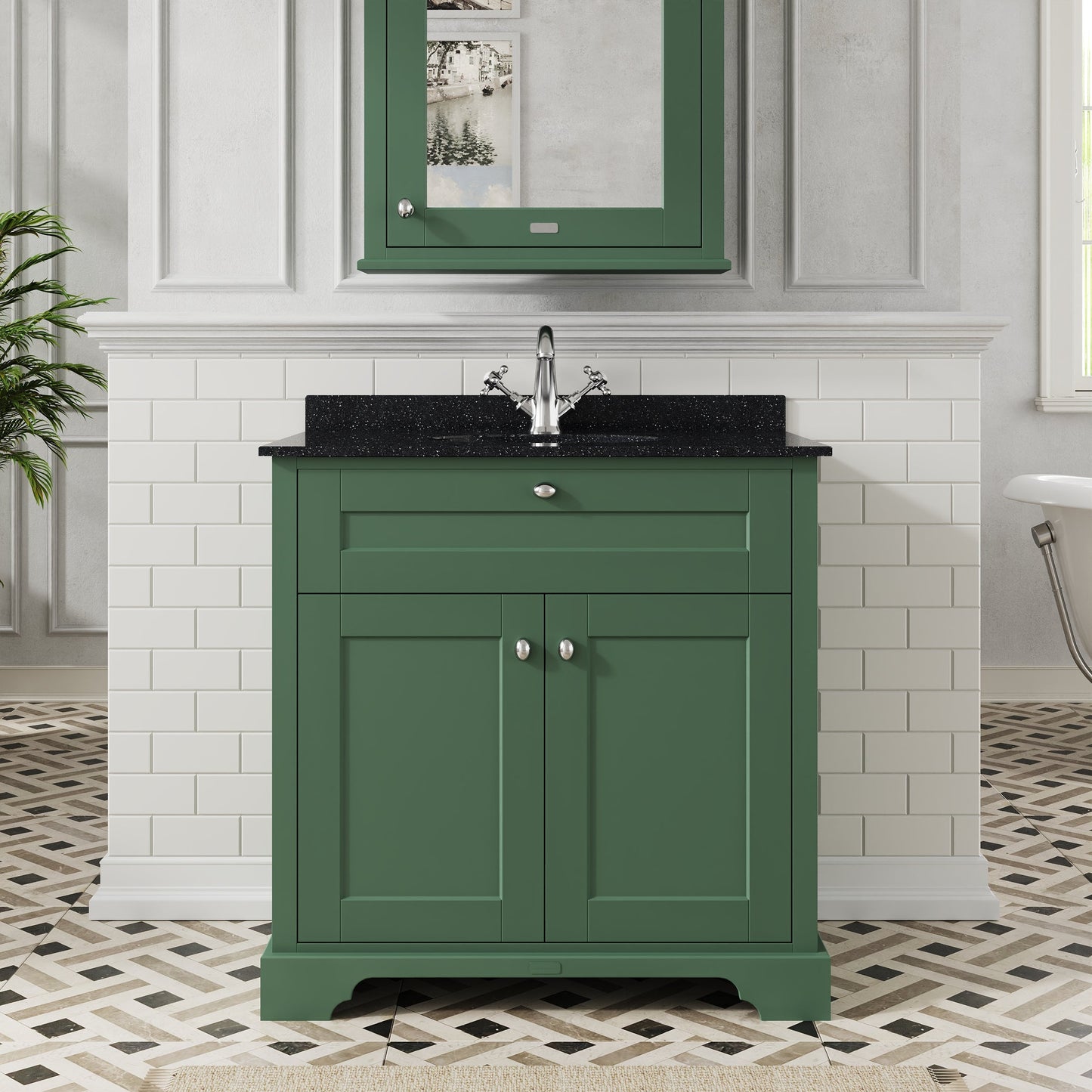 Hudson Reed Old London 800mm Hunter Green Floor Standing 2 Door Vanity Unit With Black Marble Top Basin
