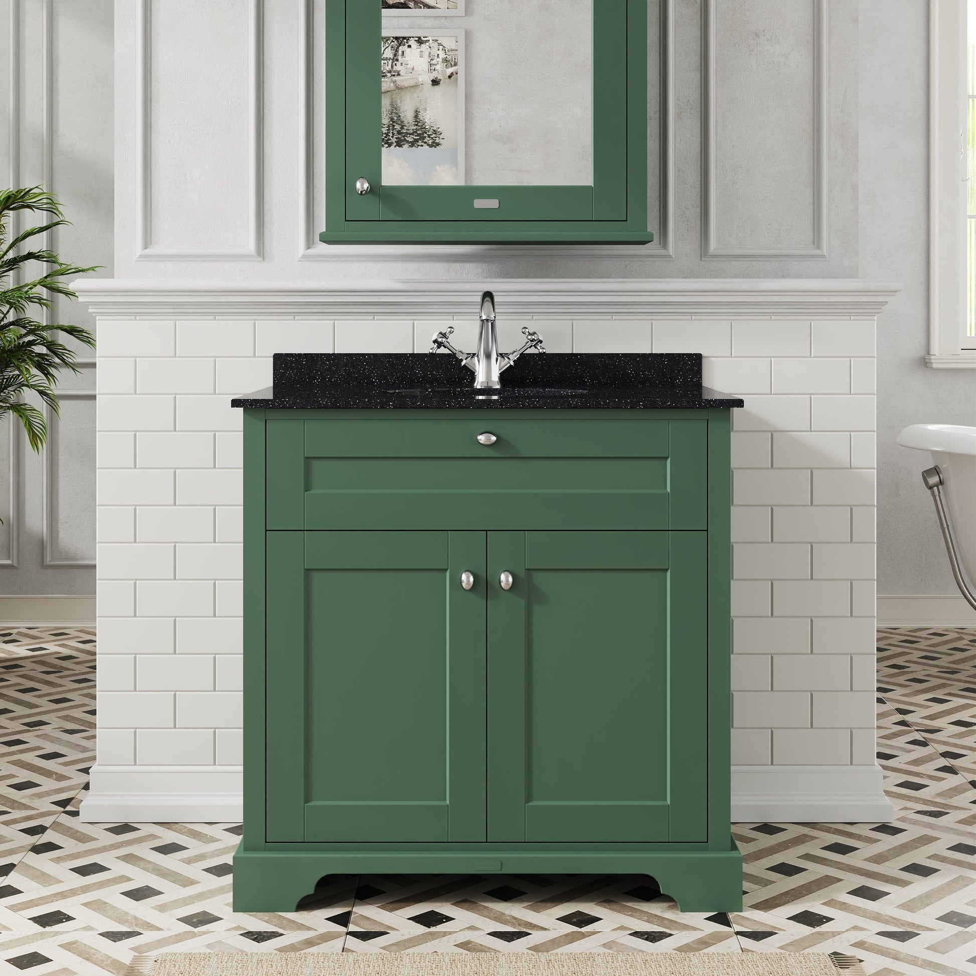 Hudson Reed Old London 800mm Hunter Green Floor Standing 2 Door Vanity Unit With Black Marble Top Basin