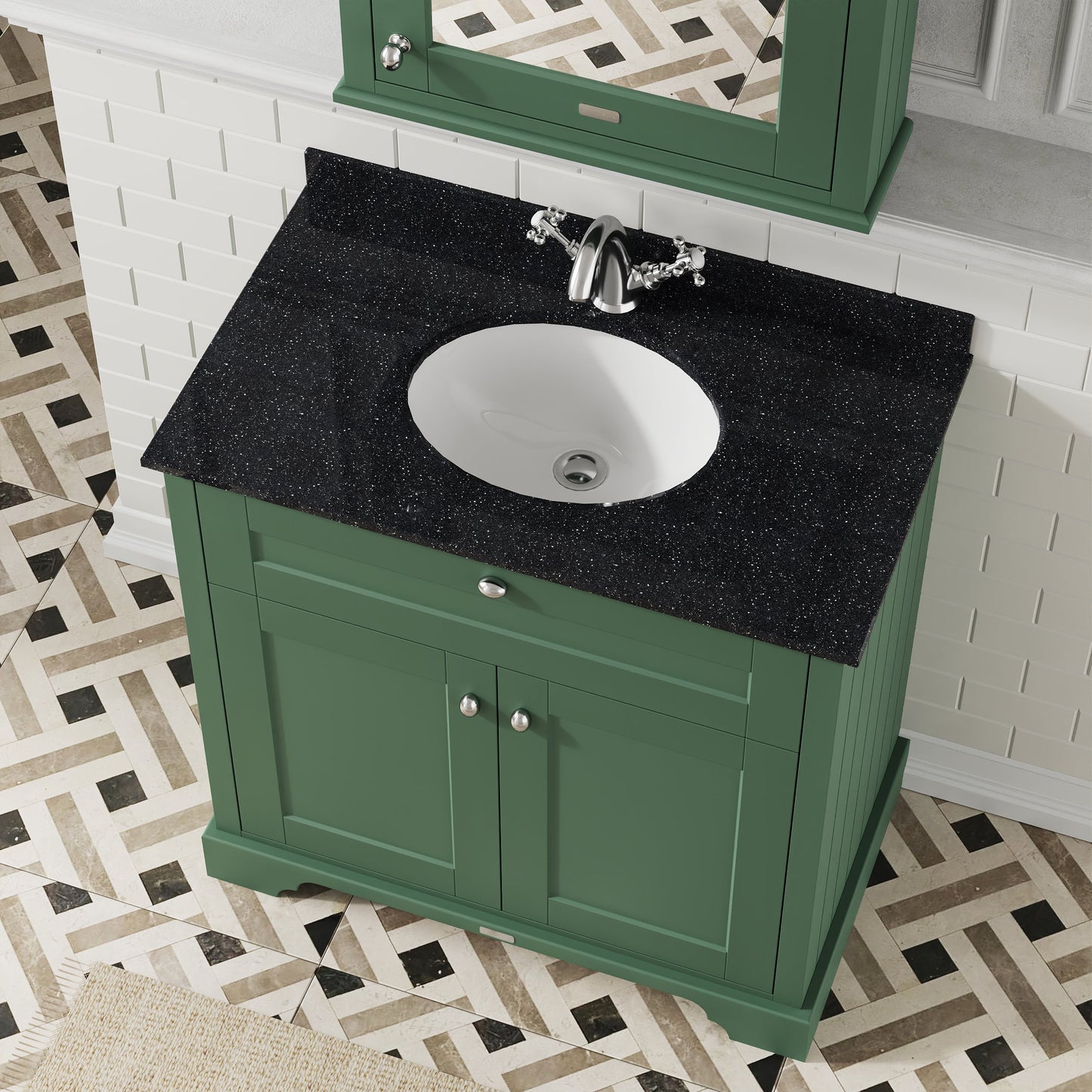 Hudson Reed Old London 800mm Hunter Green Floor Standing 2 Door Vanity Unit With Black Marble Top Basin