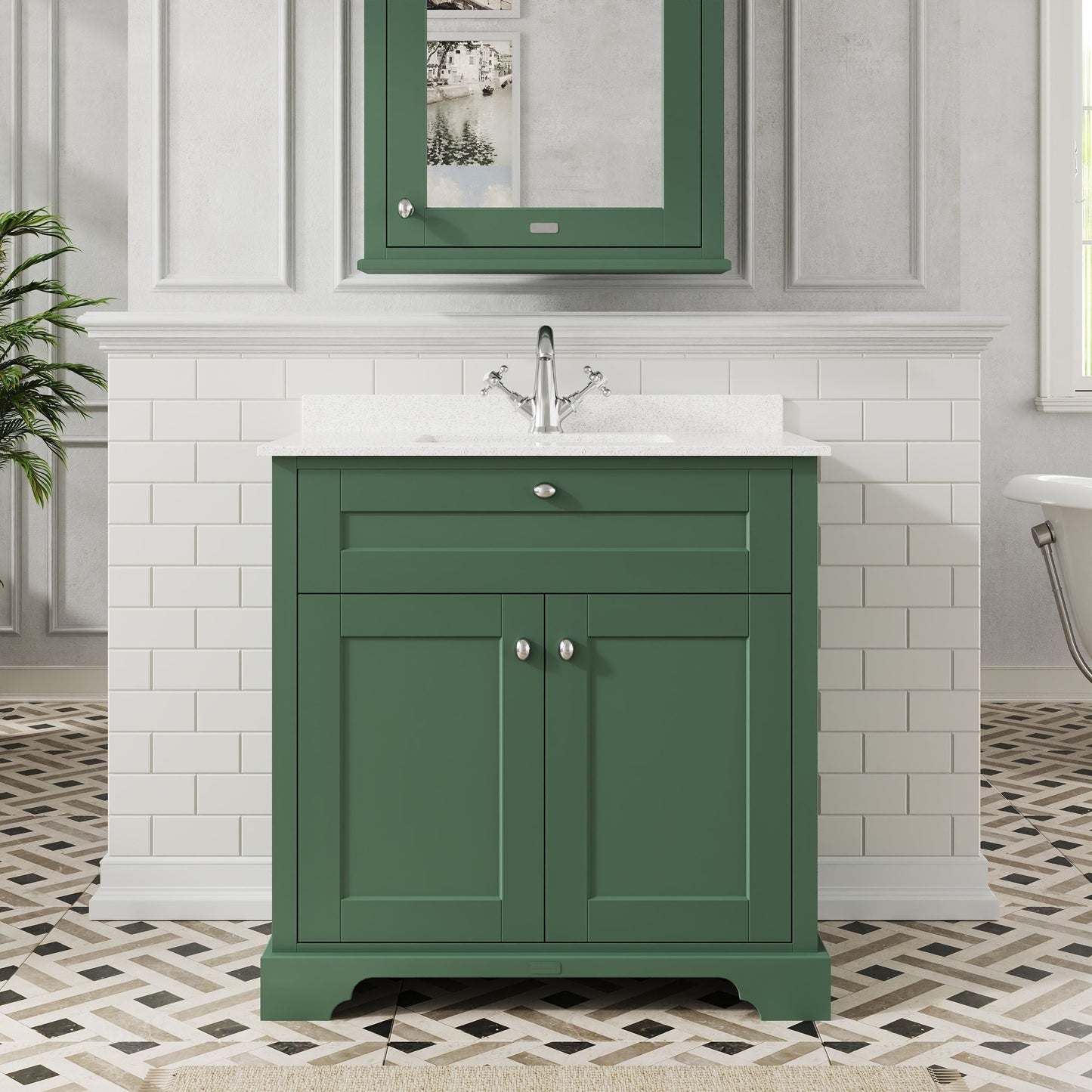 Hudson Reed Old London 800mm Hunter Green Floor Standing 2 Door Vanity Basin Unit with White Marble Top Basin