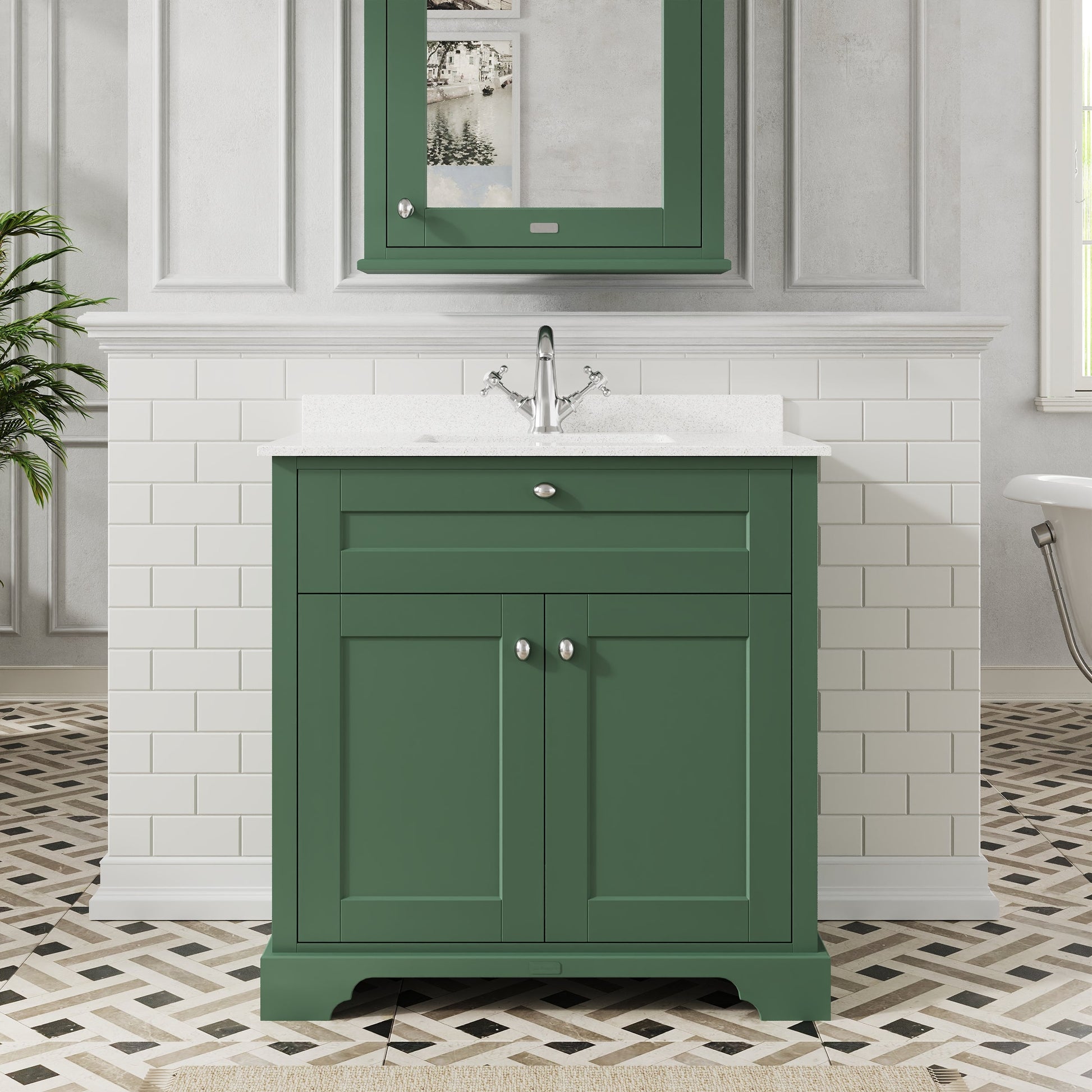 Hudson Reed Old London 800mm Hunter Green Floor Standing 2 Door Vanity Basin Unit with White Marble Top Basin