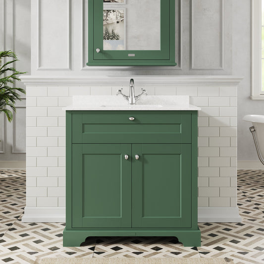 Hudson Reed Old London 800mm Hunter Green Floor Standing 2 Door Vanity Basin Unit with White Marble Top Basin