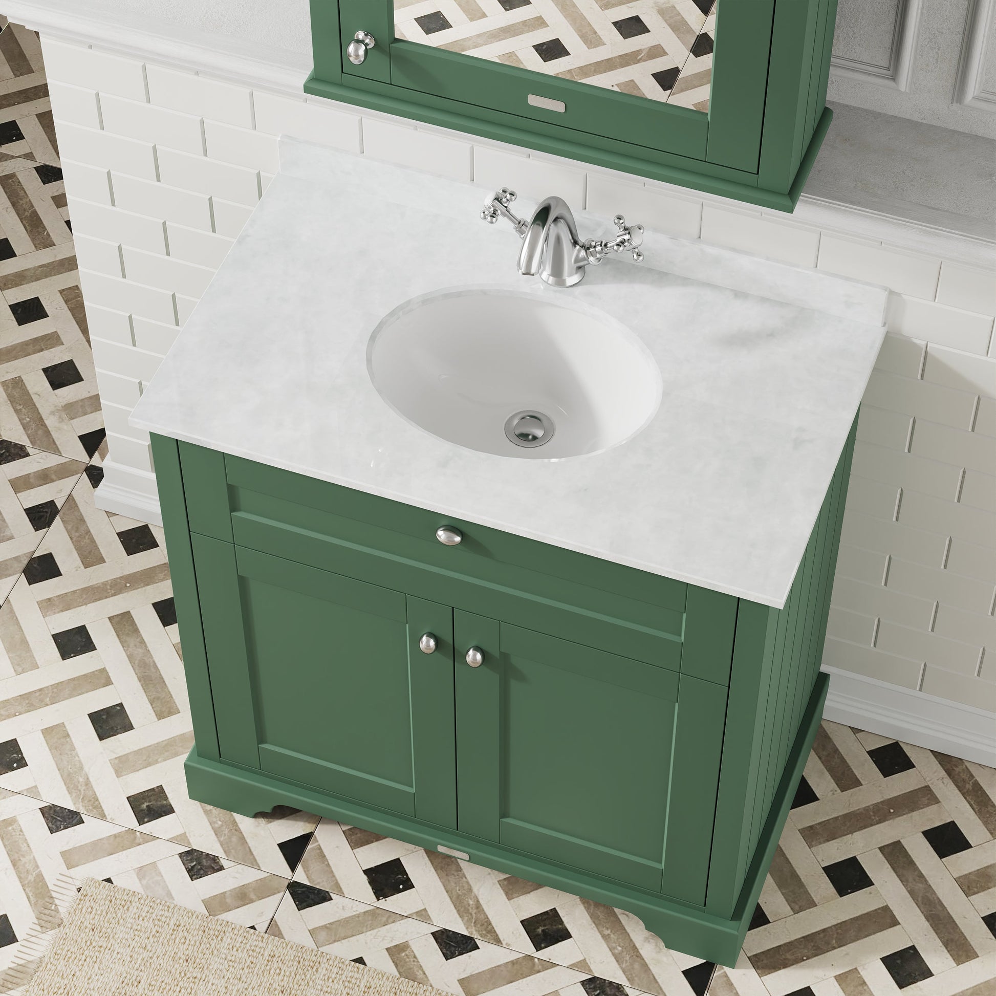 Hudson Reed Old London 800mm Hunter Green Floor Standing 2 Door Vanity Unit With White Marble Top Basin