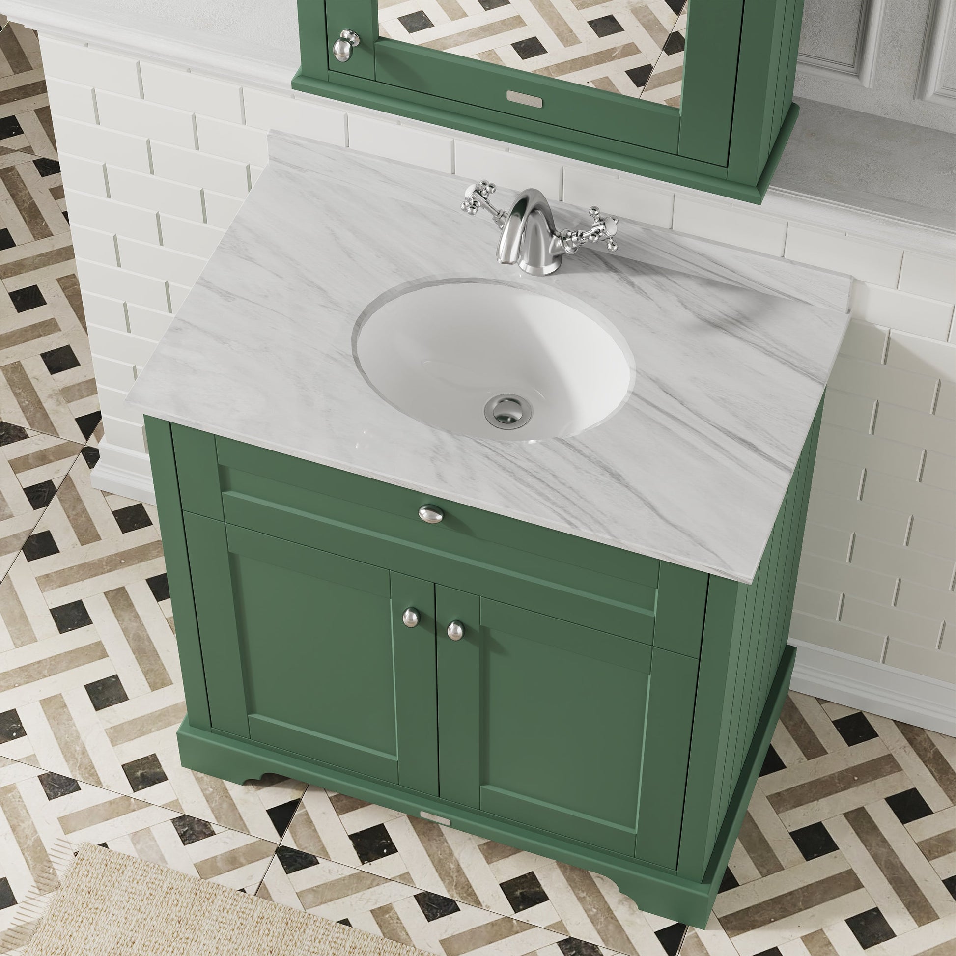 Hudson Reed Old London 800mm Hunter Green Floor Standing 2 Door Vanity Unit With Grey Marble Top Basin