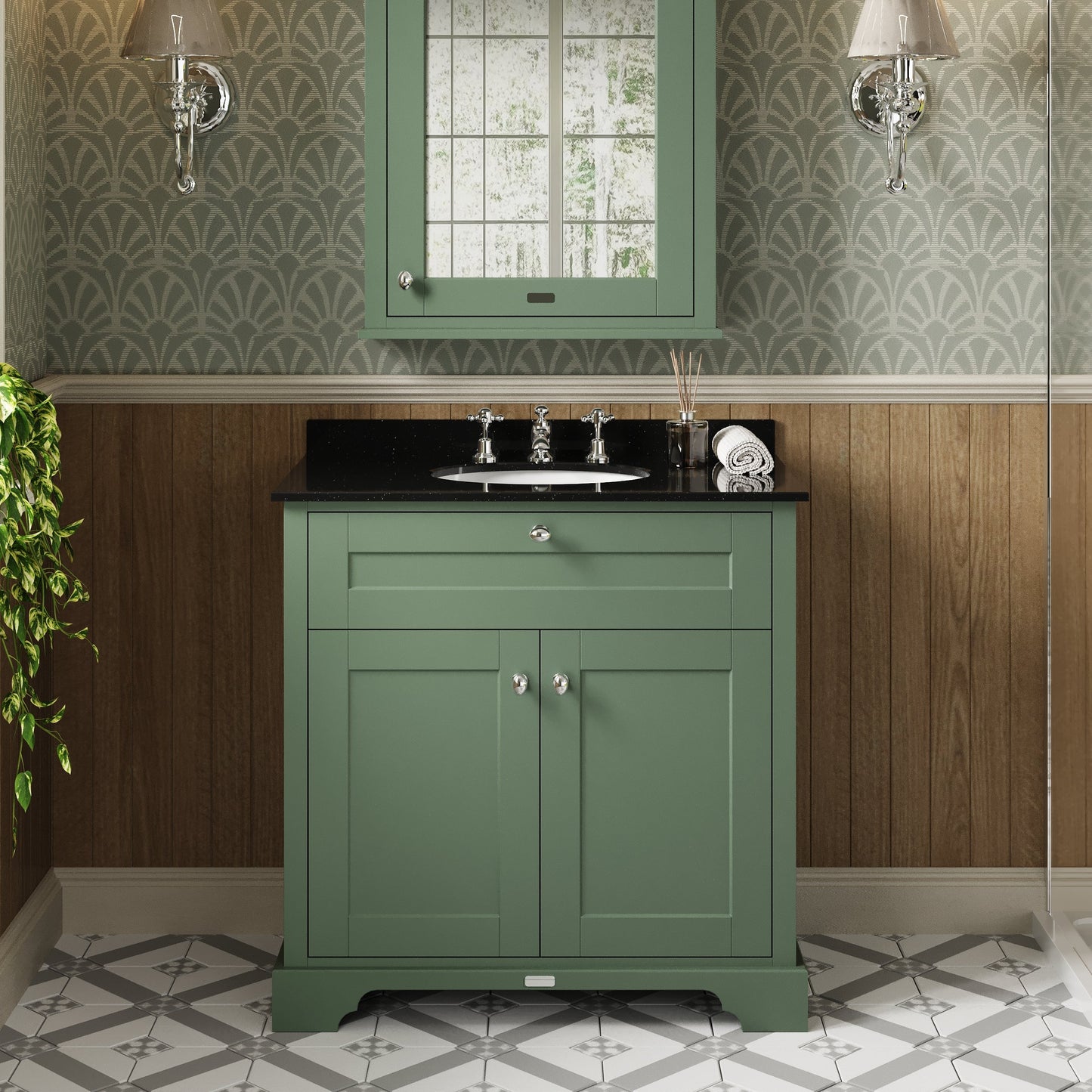 Hudson Reed Old London 820mm Hunter Green Floor Standing 2 Door Vanity Unit with 3 Tap Hole Black Marble Top Basin