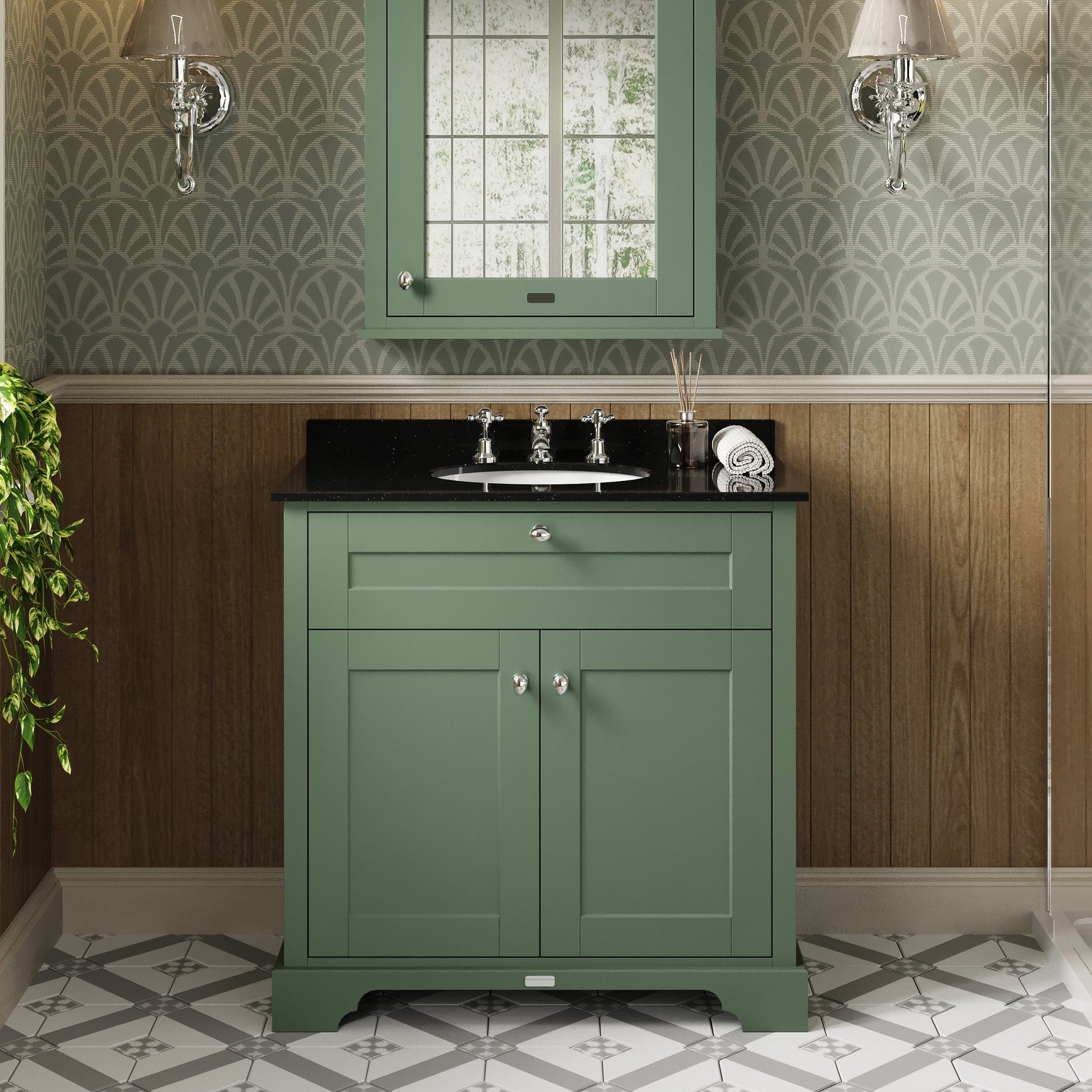 Hudson Reed Old London 820mm Hunter Green Floor Standing 2 Door Vanity Unit with 3 Tap Hole Black Marble Top Basin