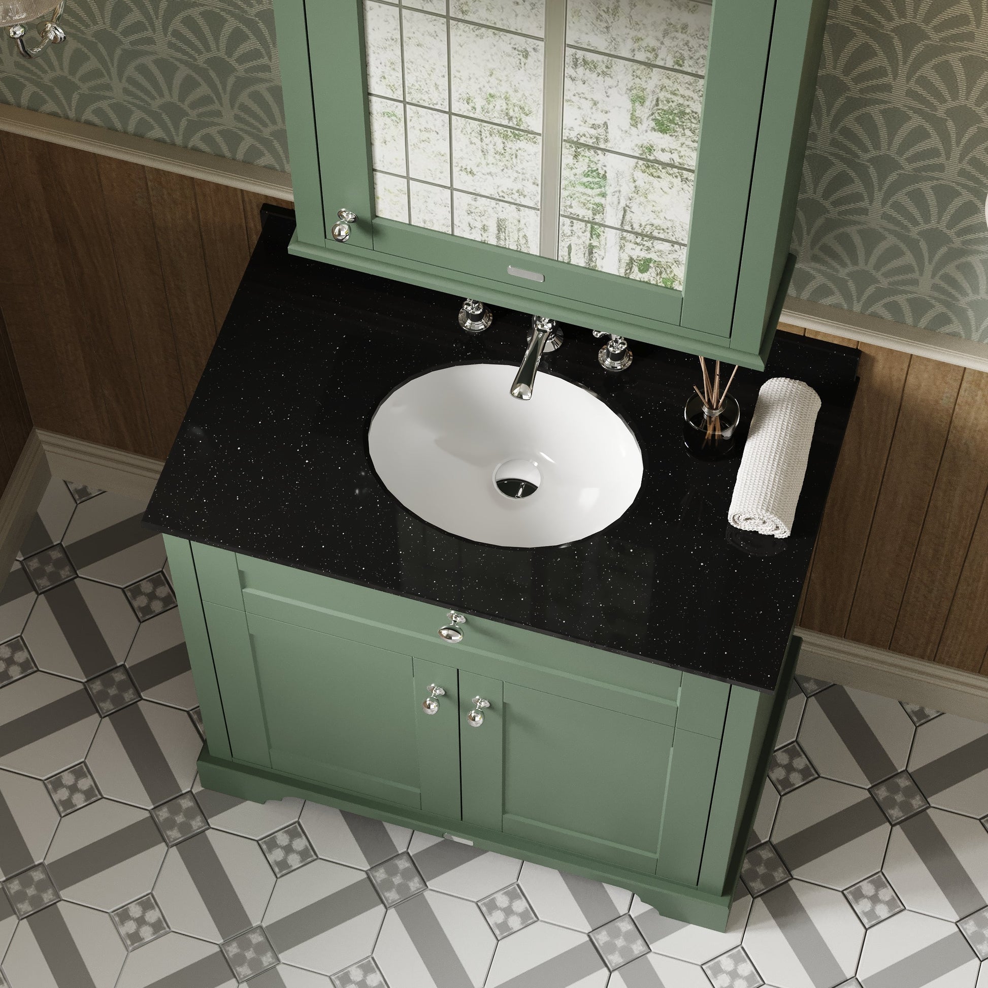 Hudson Reed Old London 820mm Hunter Green Floor Standing 2 Door Vanity Unit with 3 Tap Hole Black Marble Top Basin