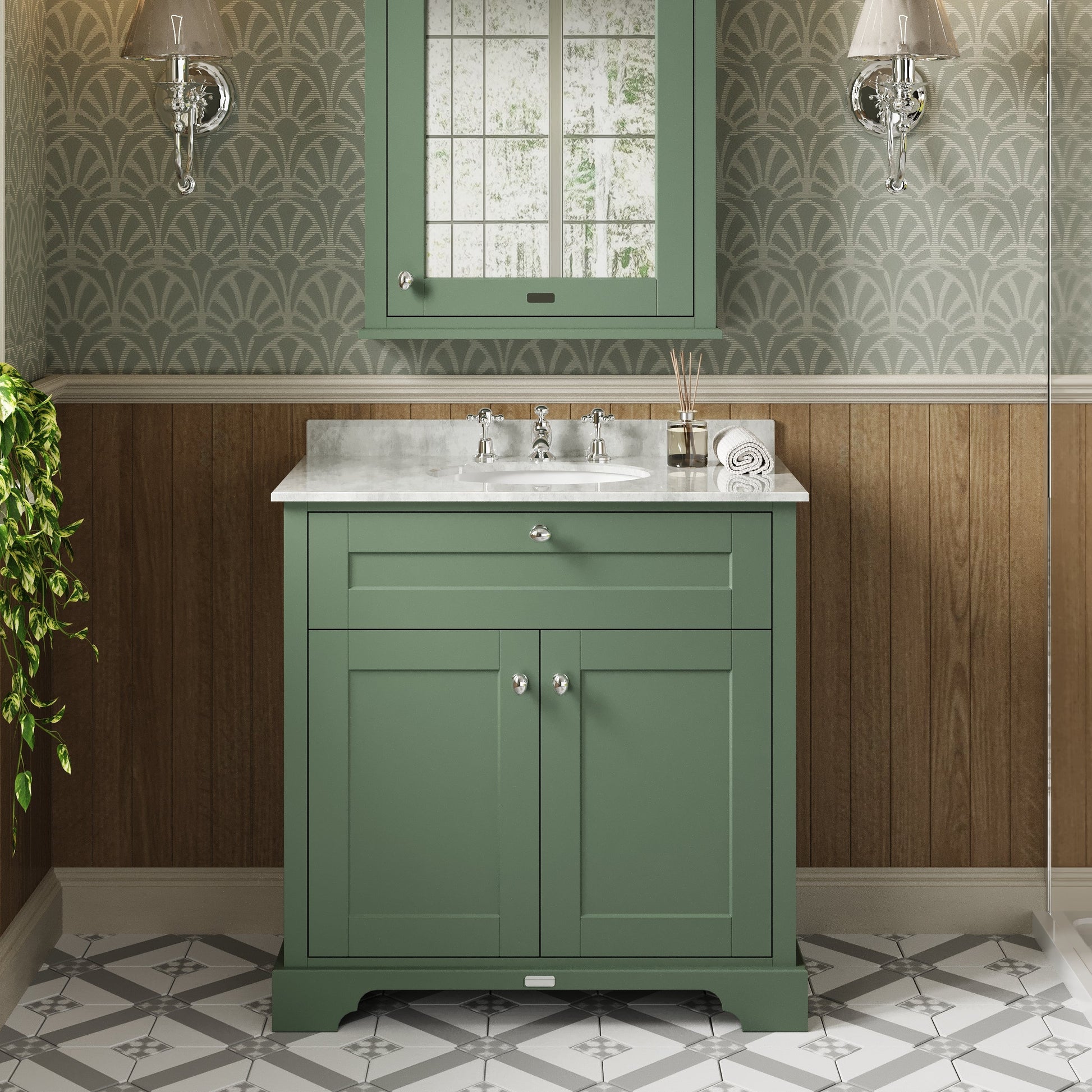 Hudson Reed Old London 800mm Hunter Green Floor Standing 2 Door Vanity Unit with 3 Tap Hole White Marble Top Basin