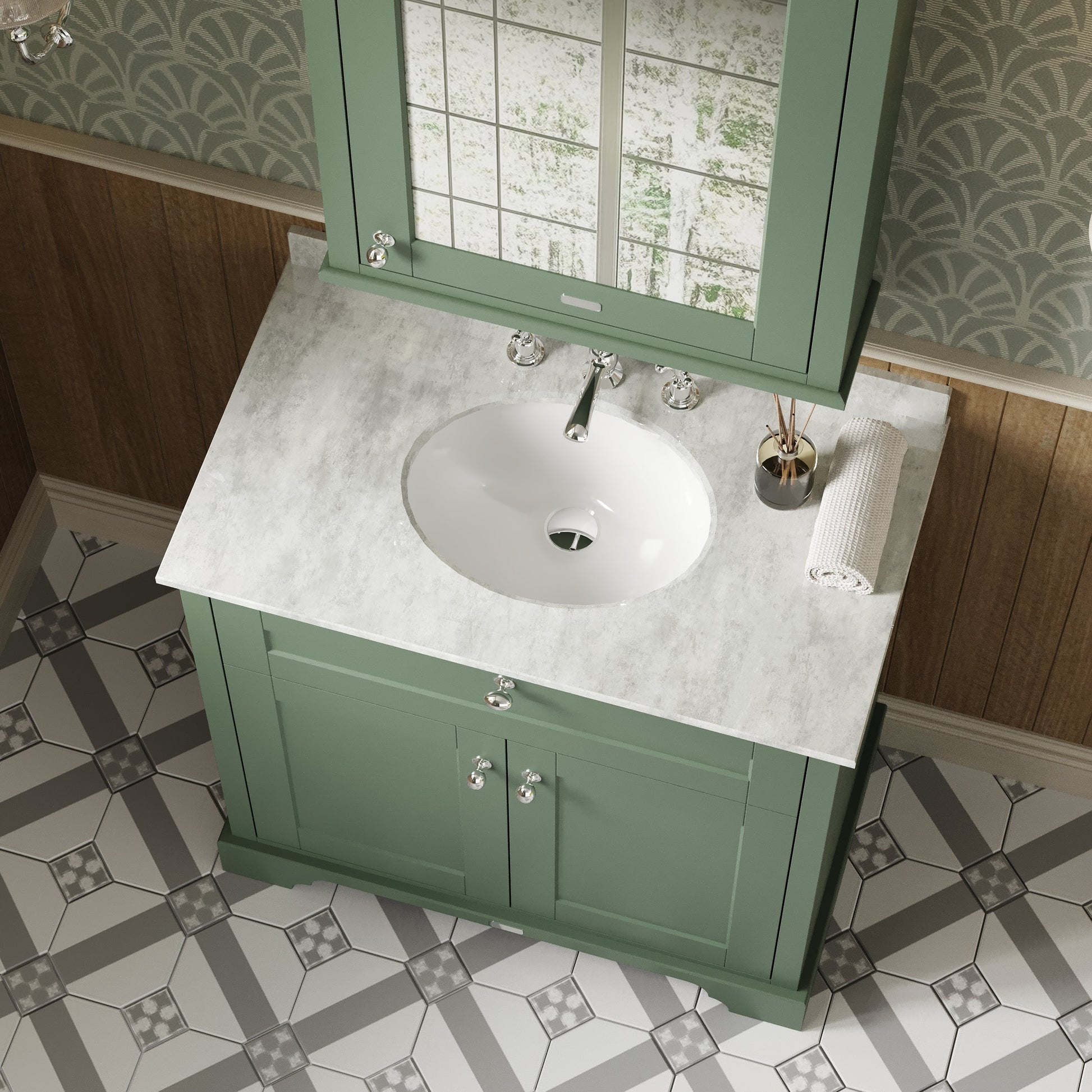 Hudson Reed Old London 800mm Hunter Green Floor Standing 2 Door Vanity Unit with 3 Tap Hole White Marble Top Basin