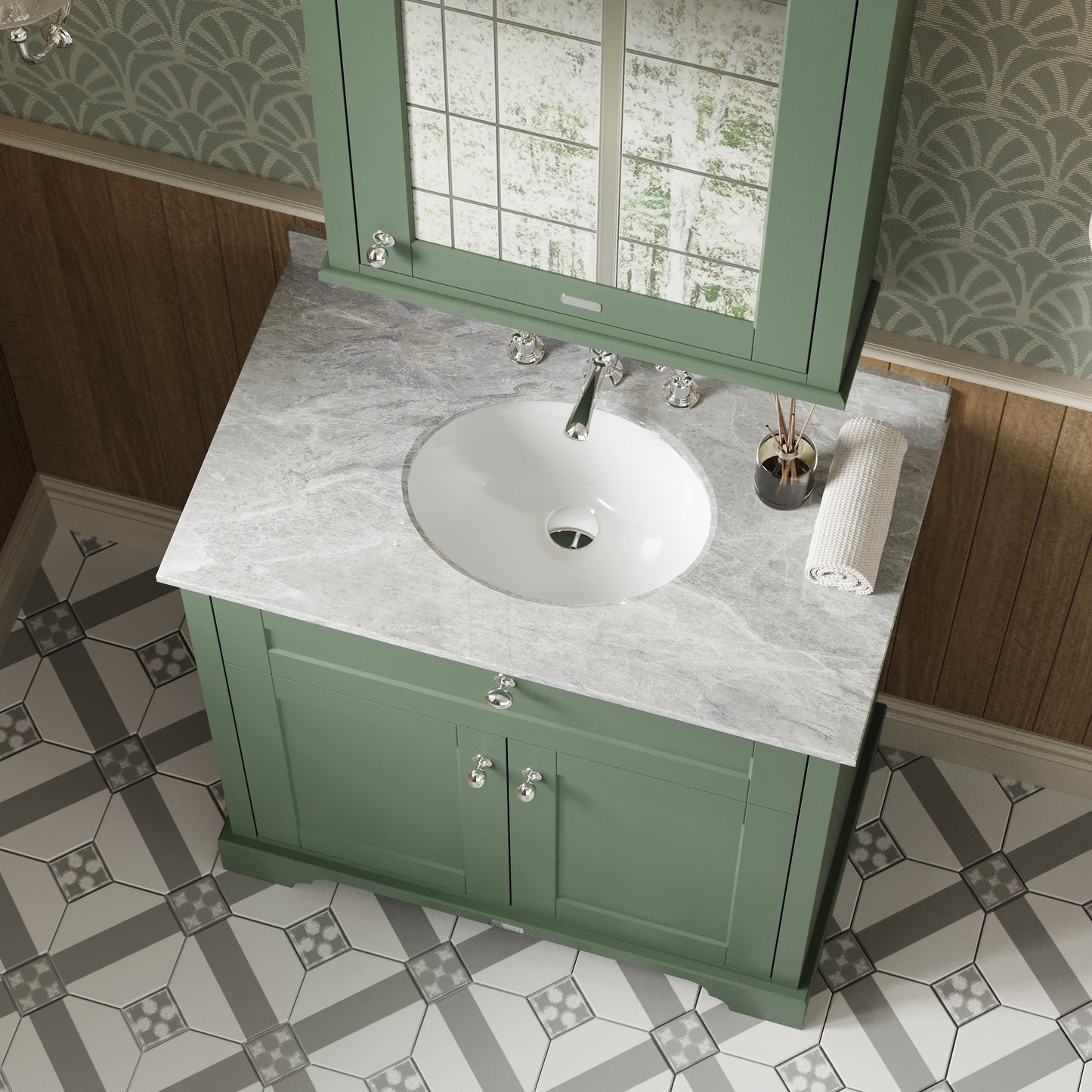 Hudson Reed Old London Hunter Green Floor Standing 2 Door Vanity Unit With Grey Marble Top Basin