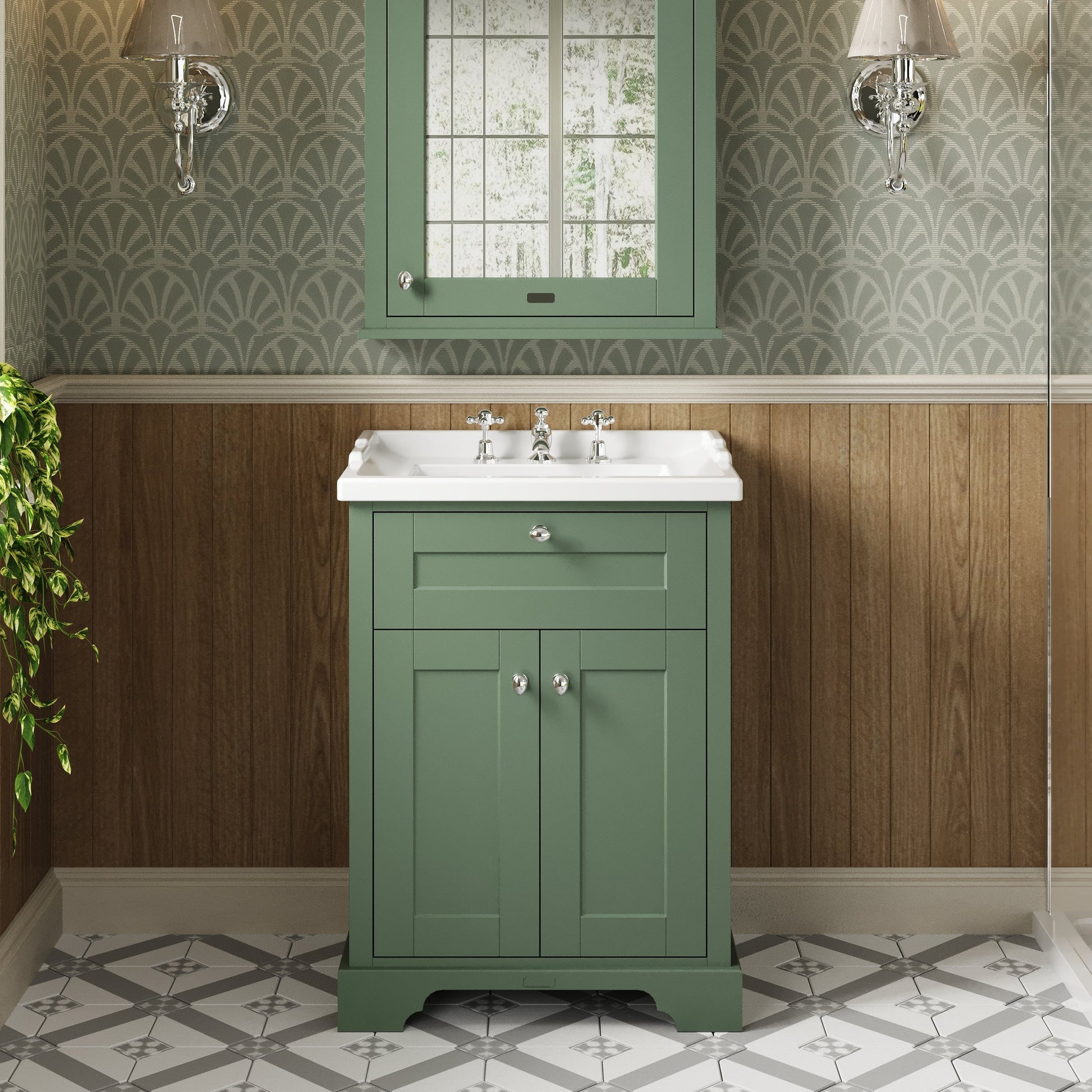Hudson Reed Old London Hunter Green 620mm Floor Standing 2 Door Vanity Unit With 3 Tap Hole Ceramic Basin