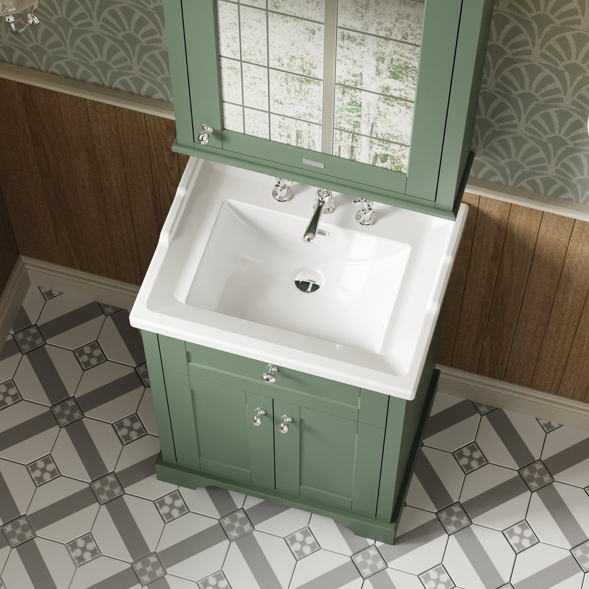 Hudson Reed Old London Hunter Green 620mm Floor Standing 2 Door Vanity Unit With 3 Tap Hole Ceramic Basin