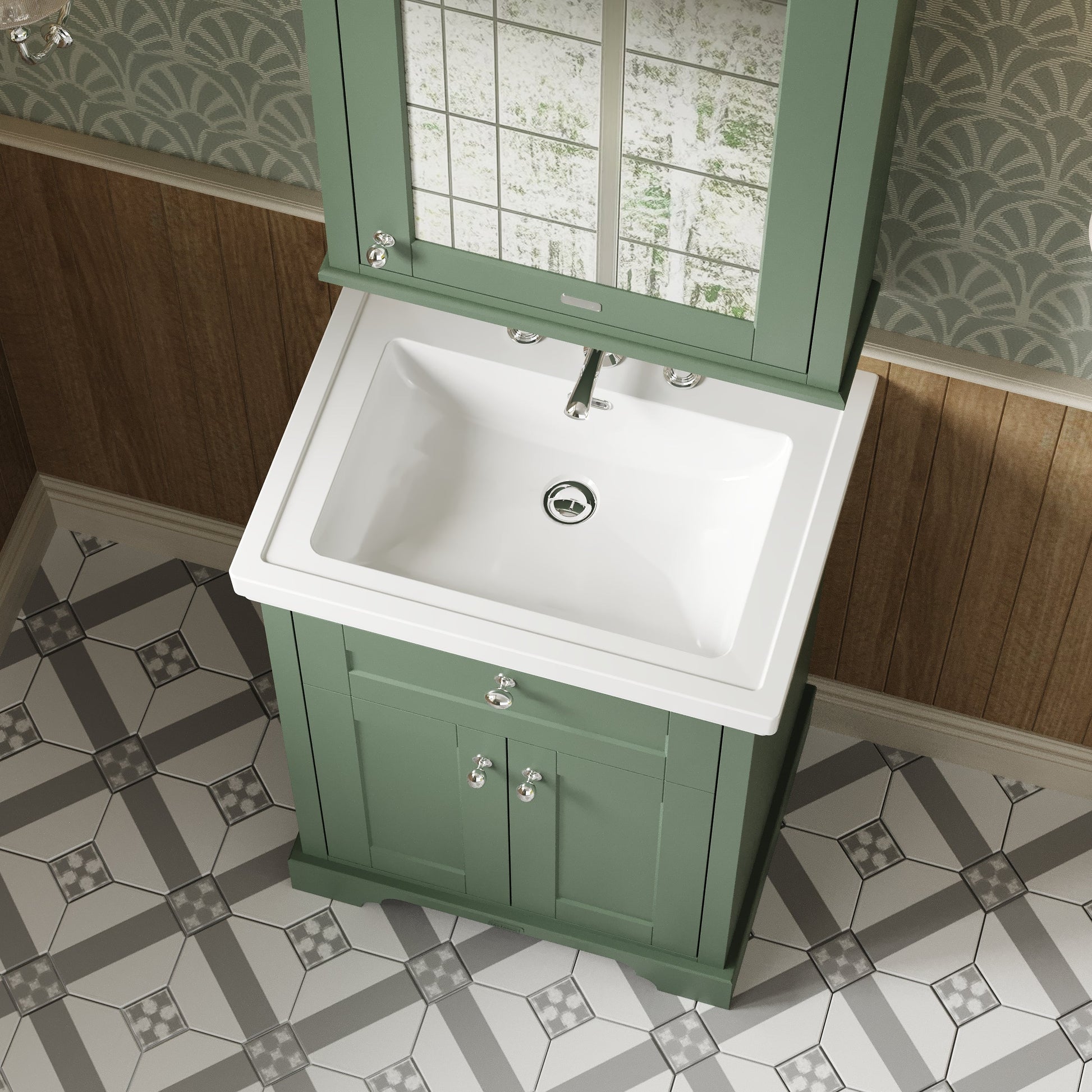 Hudson Reed Old London 600mm Hunter Green Floor Standing 2 Door Vanity Unit With 3 Tap Hole Fireclay Basin