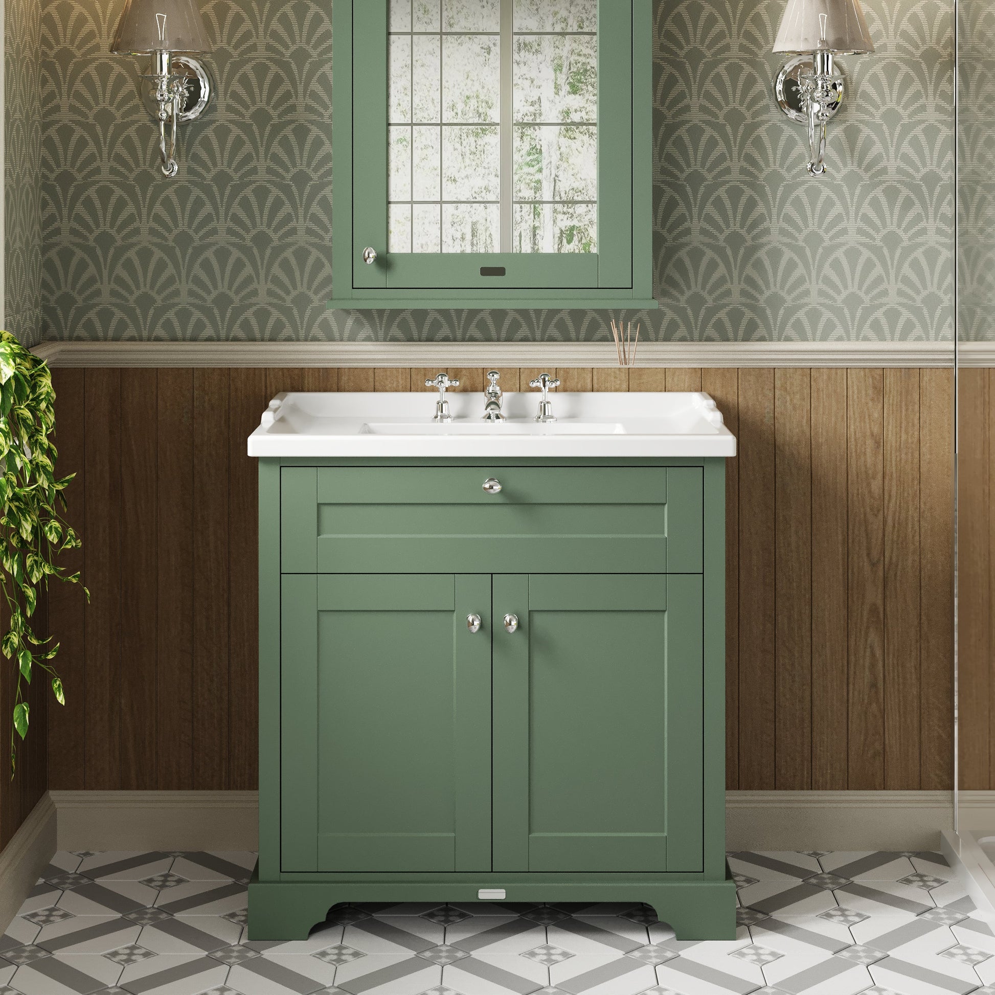 Hudson Reed Old London 820mm Hunter Green Floor Standing 2 Door Vanity Unit With 3 Tap Hole Ceramic Basin