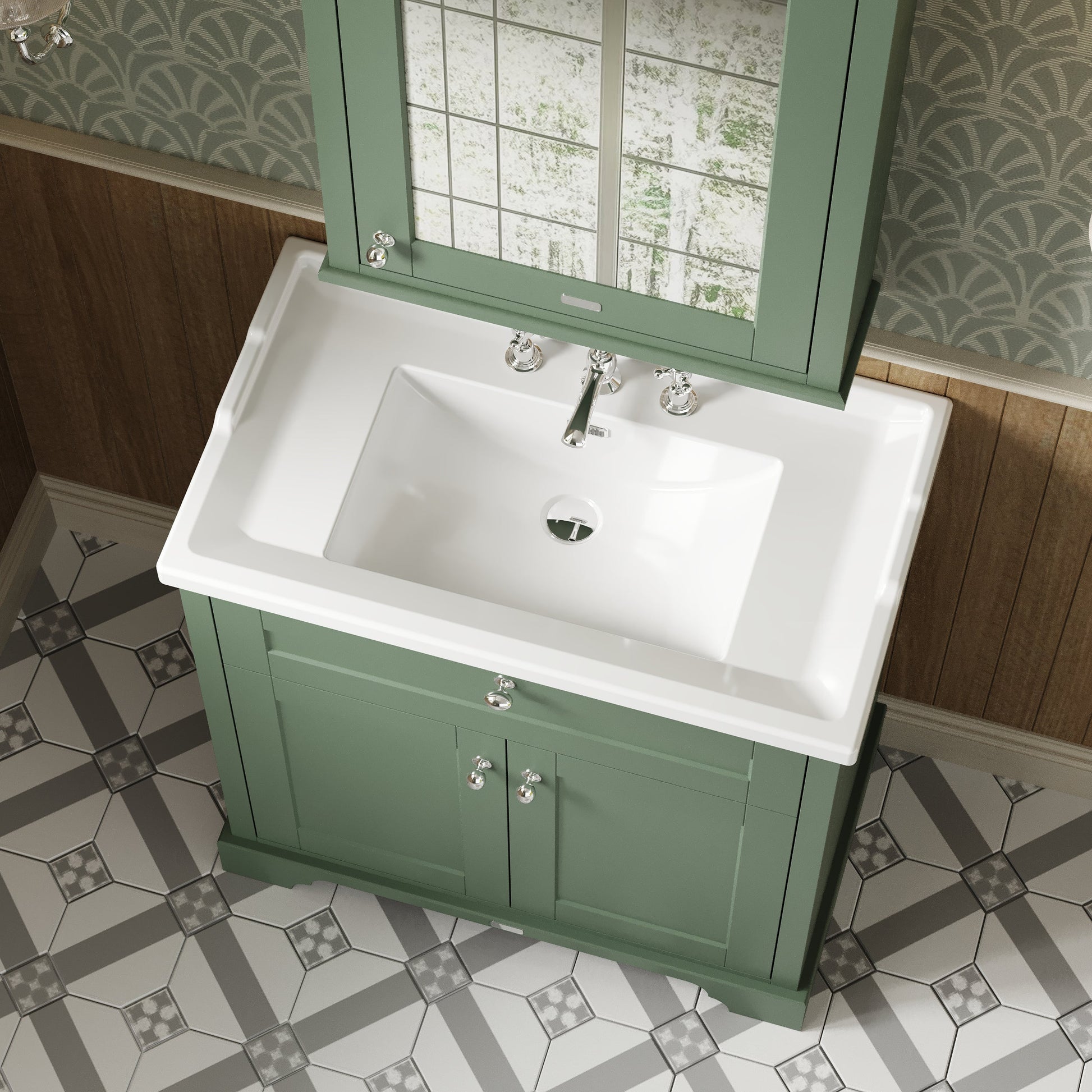 Hudson Reed Old London 820mm Hunter Green Floor Standing 2 Door Vanity Unit With 3 Tap Hole Ceramic Basin