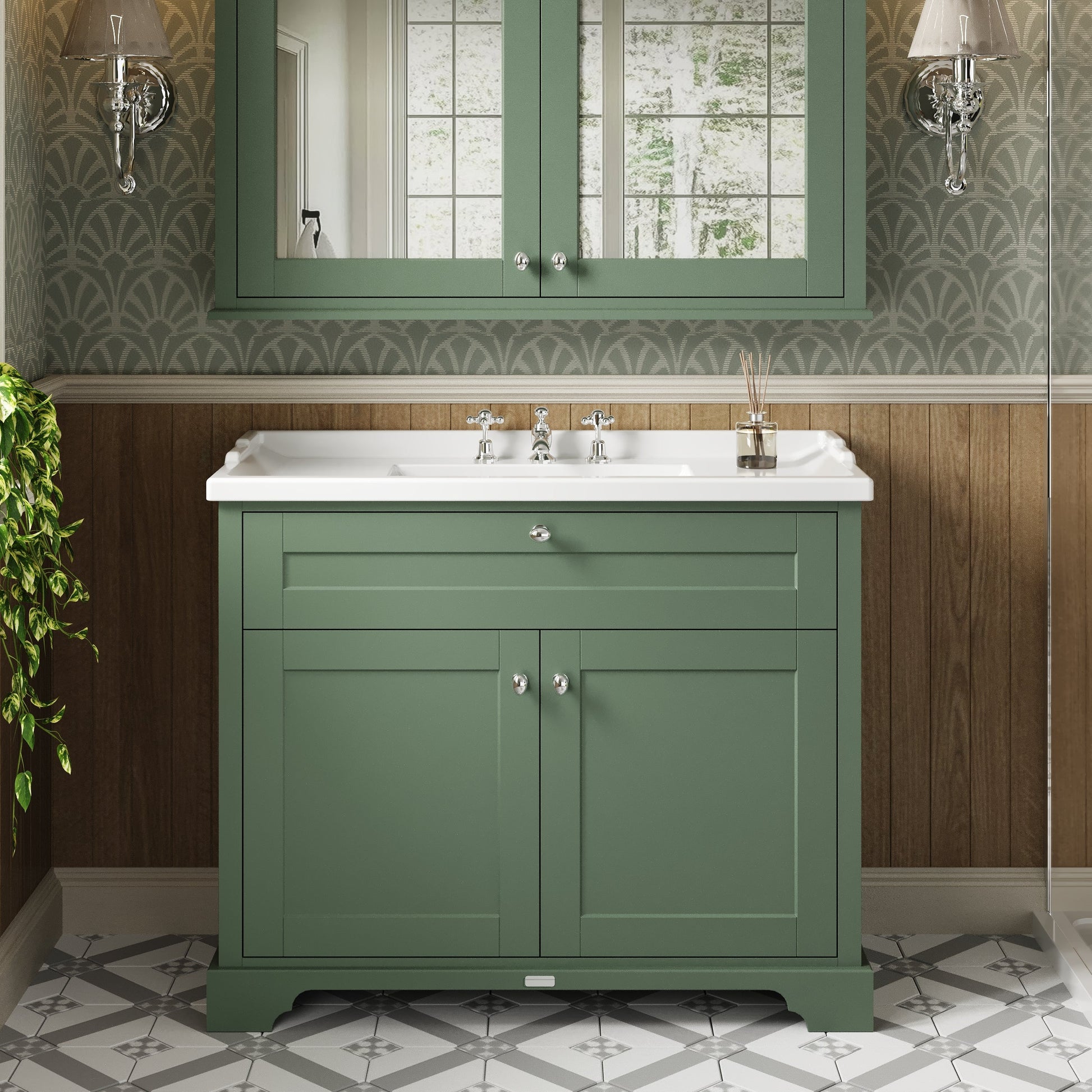 Hudson Reed Old London 1000mm Hunter Green Floor Standing 2 Door Vanity Unit With 3 Tap Hole Ceramic Basin