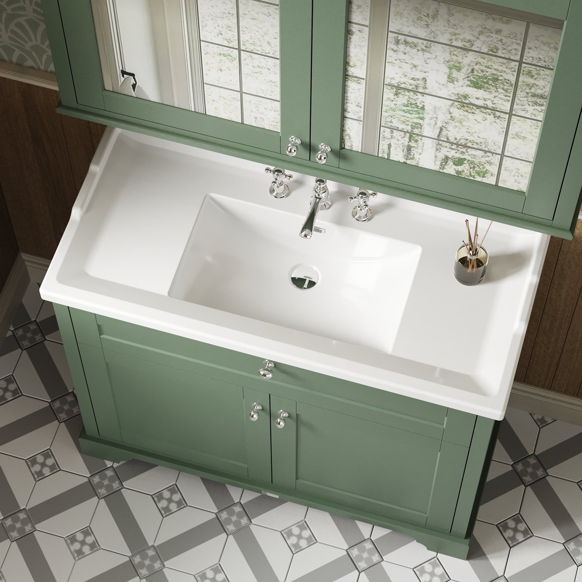 Hudson Reed Old London 1000mm Hunter Green Floor Standing 2 Door Vanity Unit With 3 Tap Hole Ceramic Basin