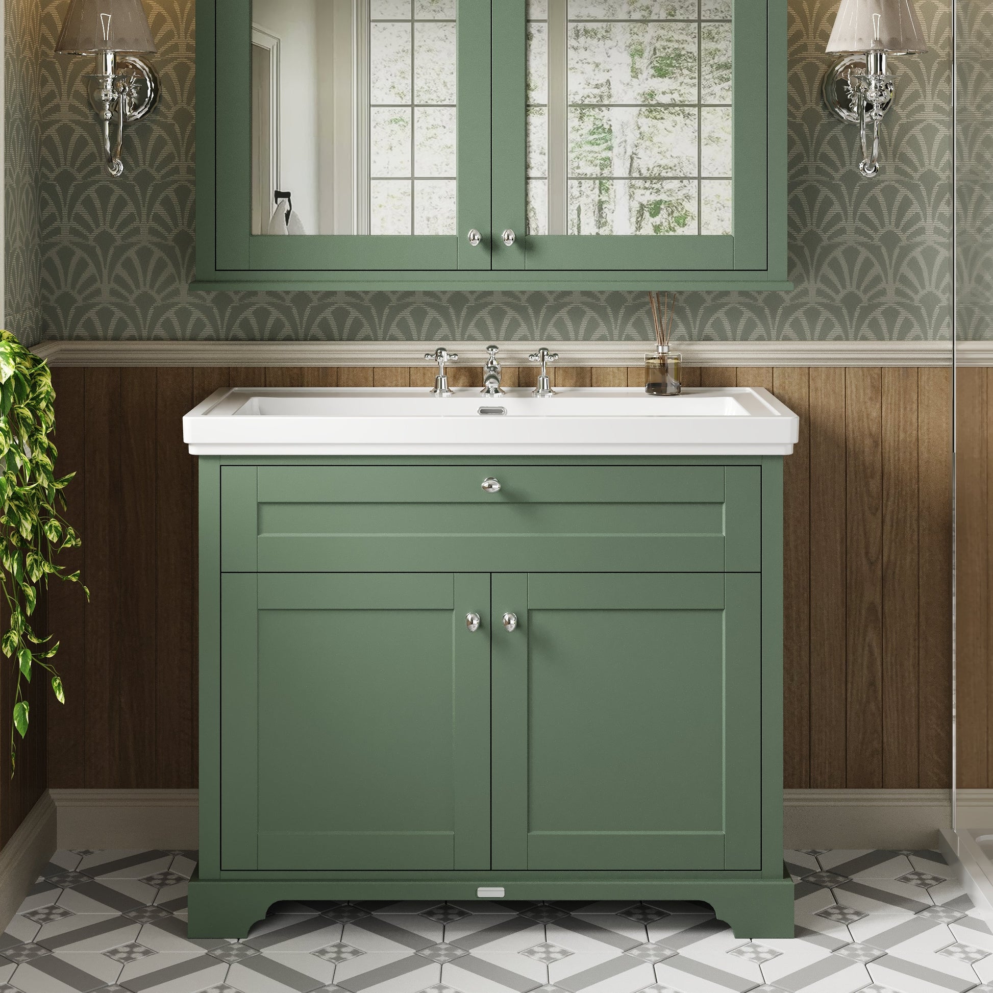 Hudson Reed Old London 1030mm Hunter Green 2-Door Floor Standing Basin Unit With 3 Taphole Fireclay Basin