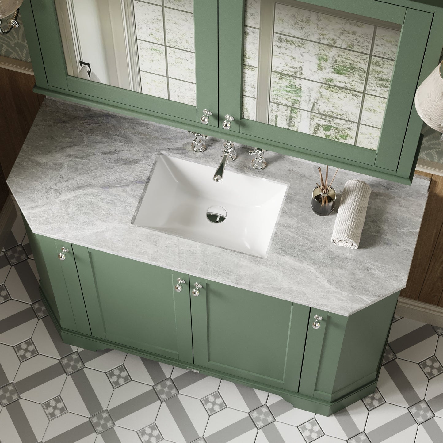 Hudson Reed Old London Traditional Hunter Green 1236mm Vanity Unit with 3 Tap Hole Grey Marble Top Basin