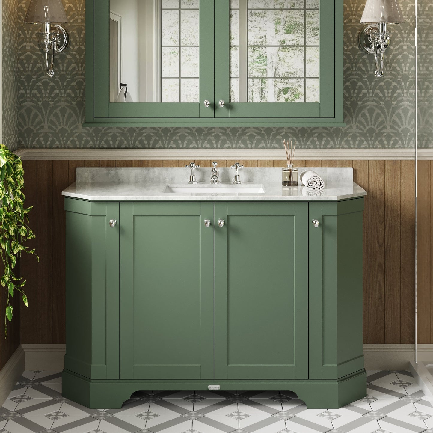 Floor Standing 4 Door Angled Vanity Unit with 3 Tap Hole White Marble Top 1200mm