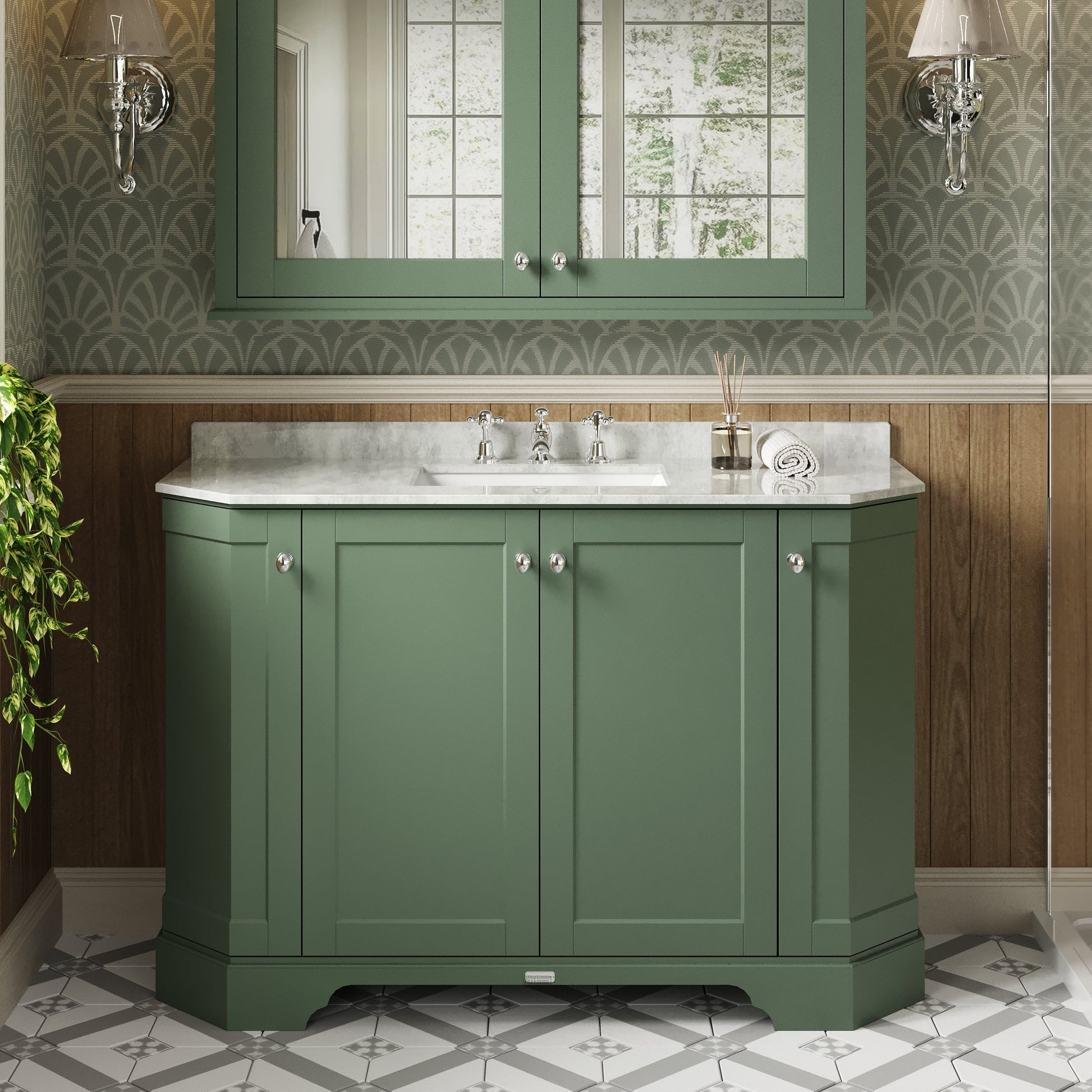 Floor Standing 4 Door Angled Vanity Unit with 3 Tap Hole White Marble Top 1200mm