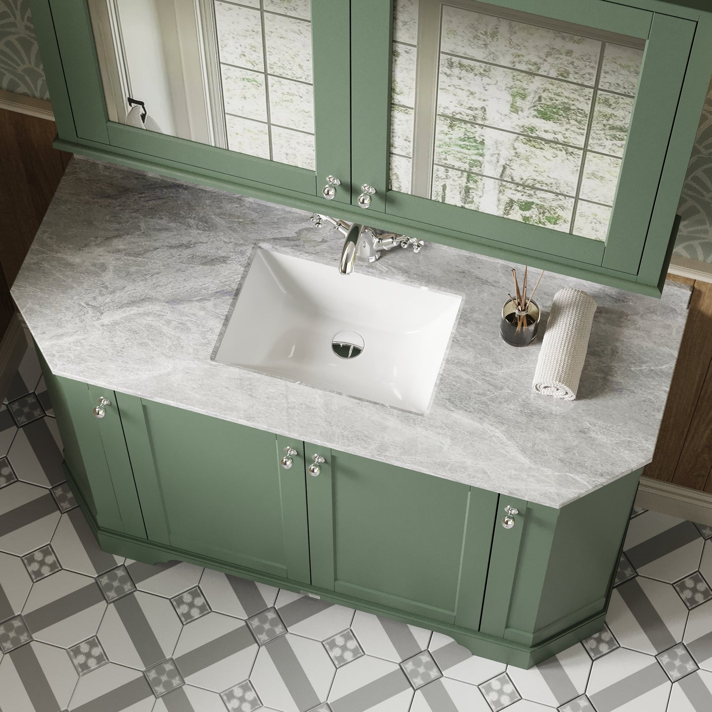 Hudson Reed Old London 1236mm Hunter Green Floor Standing Vanity Unit With Grey Marble Top Basin