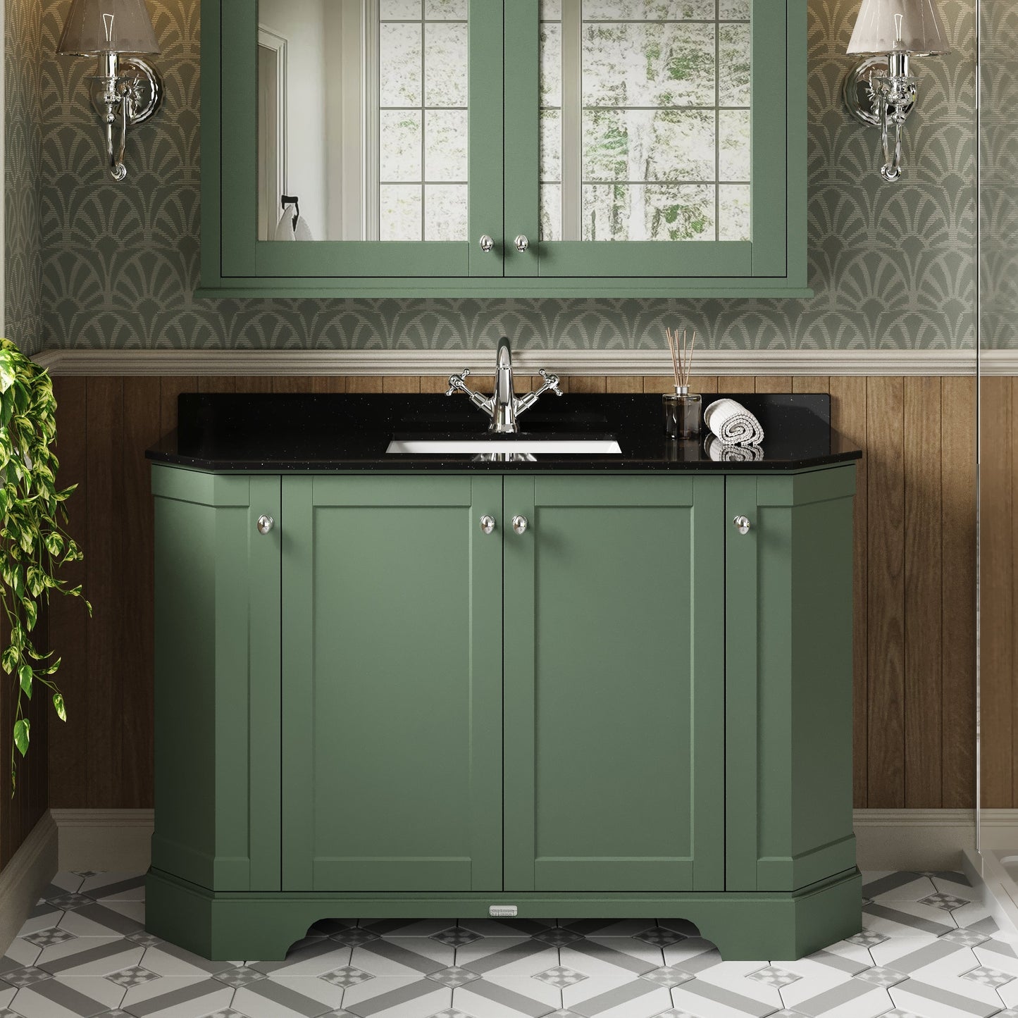 Hudson Reed Old London 1236mm Hunter Green Floor Standing 4 Door Vanity Unit With Black Marble Top