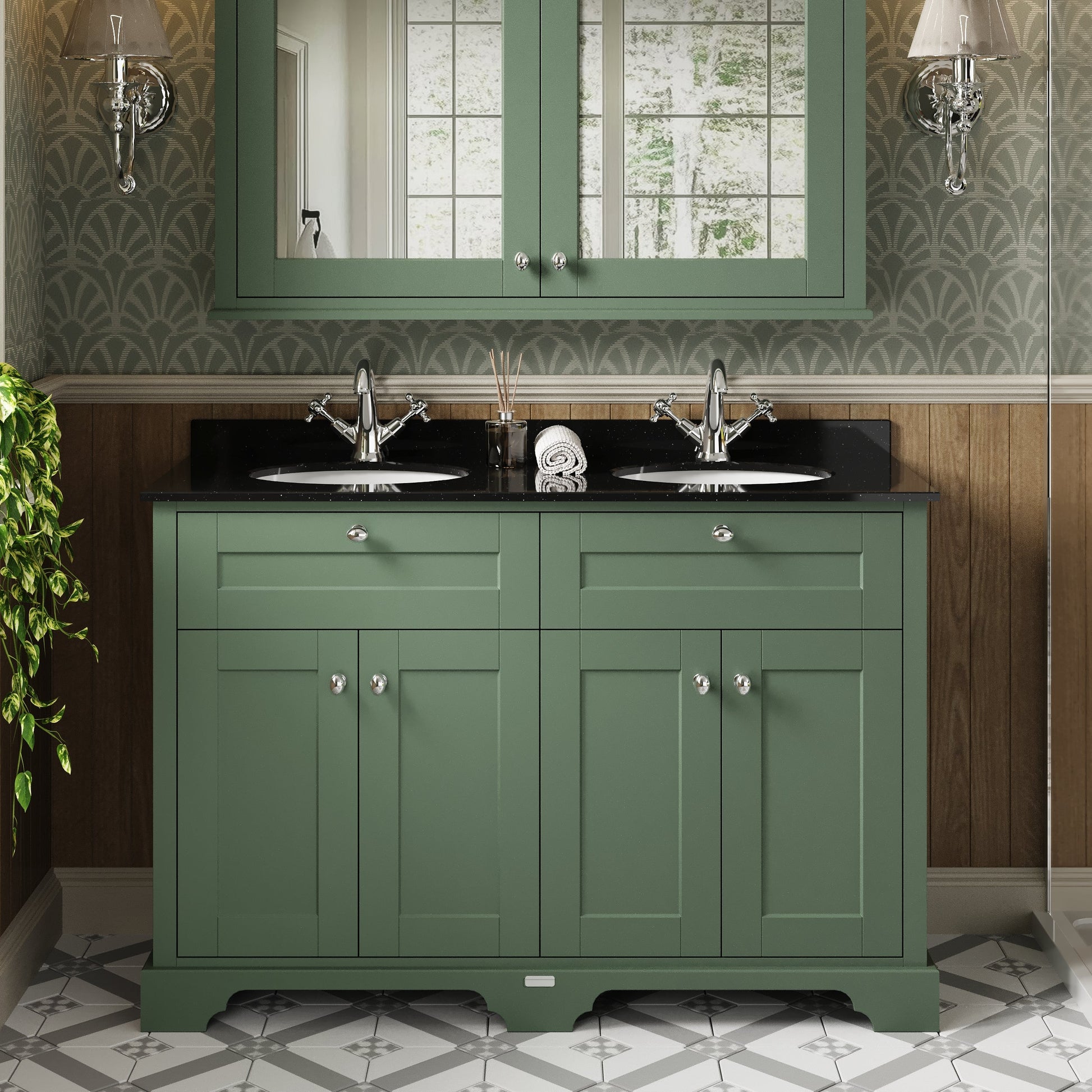 Hudson Reed Old London 1220mm Hunter Green Floor Standing 4 Door Double Basin Black Marble Top Vanity Unit