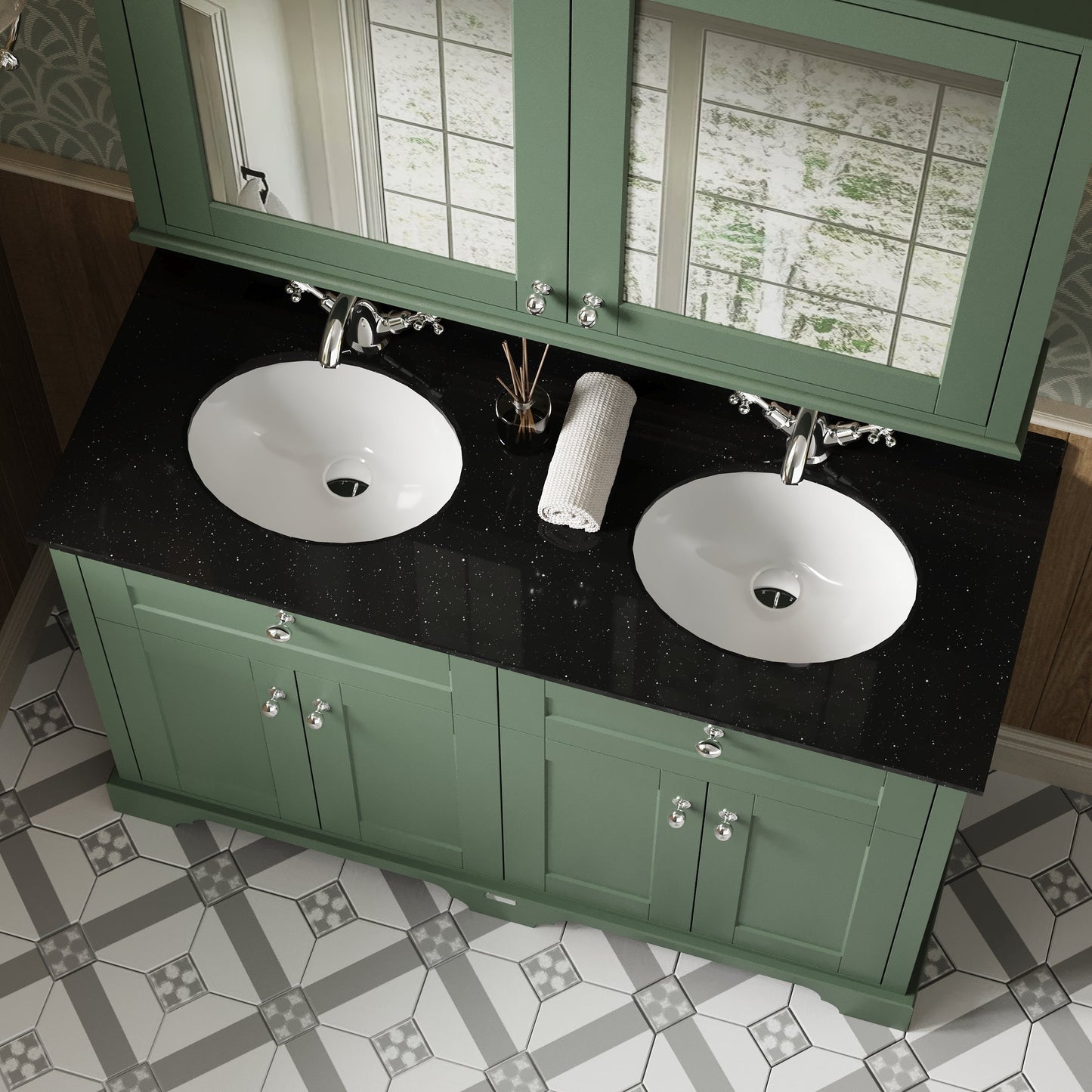 Hudson Reed Old London 1220mm Hunter Green Floor Standing 4 Door Double Basin Black Marble Top Vanity Unit