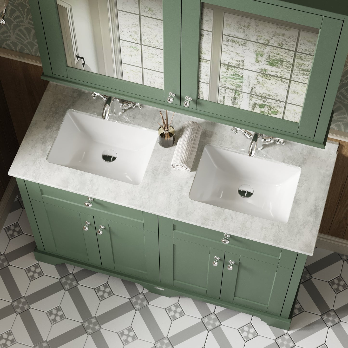 Hudson Reed Old London 1200mm Floor Standing Basin Unit With Square Double Basin, 2 Tap Hole & Marble Top